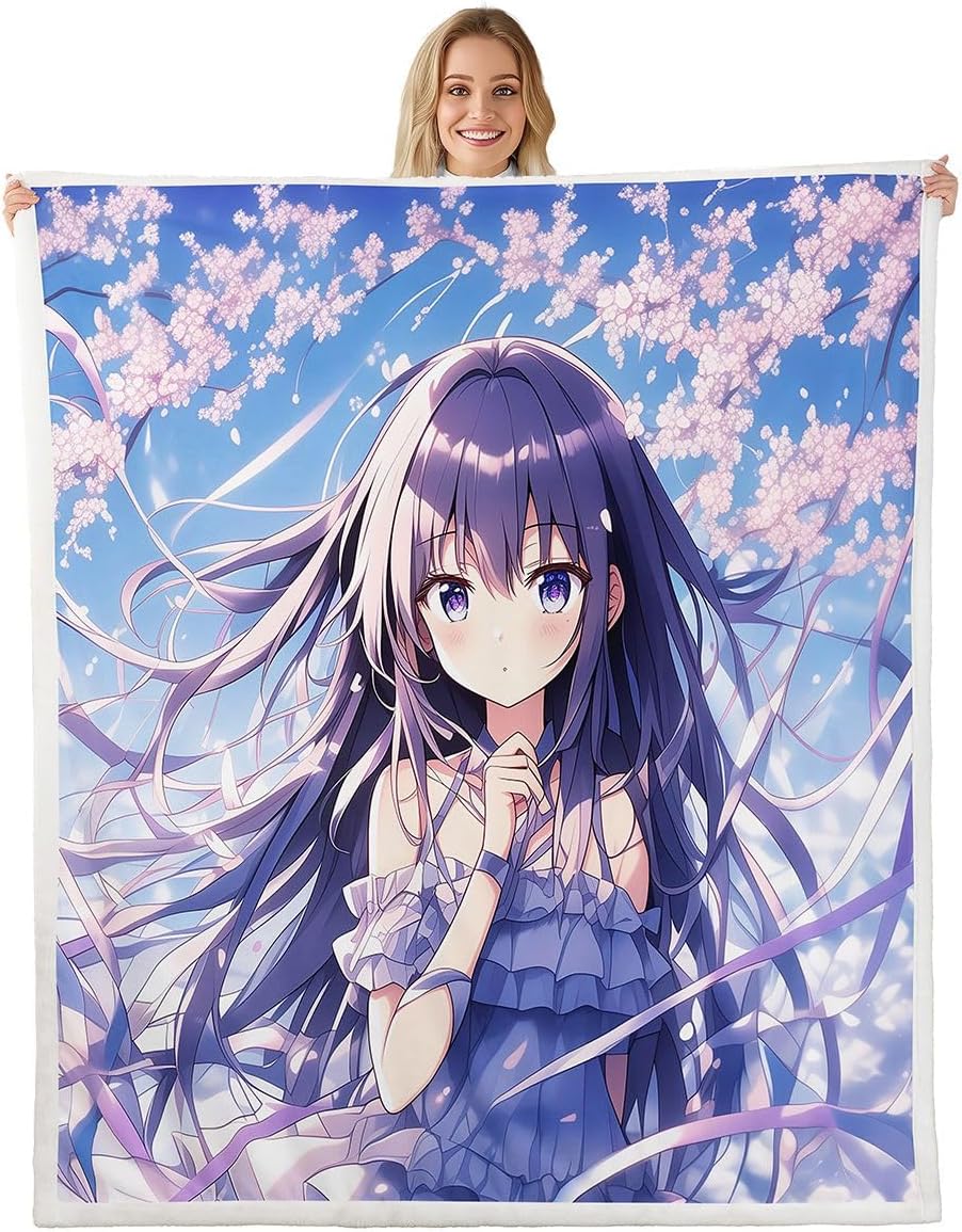 Erosebridal Anime Theme Blanket for Girls Cartoon Girl Throw Blanket for Bed, Pink Cherry Blossoms Sherpa Japanese Style Fleece Blankets, Eastern Asian Oriental Girl Fuzzy Blankets