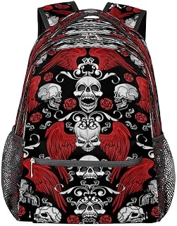 Mochilas para meninos e meninas com caveira retrô para laptop, mochila escolar com vários bolsos, mochila de asa de flor com alça de ombro ajustável para viagens, caminhadas, acampamento, Multi, Medium
