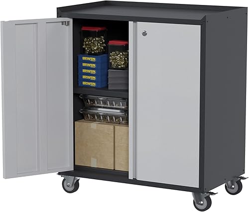 Miniatura 1 de Armarios de garaje, baúl de garaje móvil ideal para herramientas y suministros, armario de almacenamiento con cajón y 2 puertas estantes ajustables,