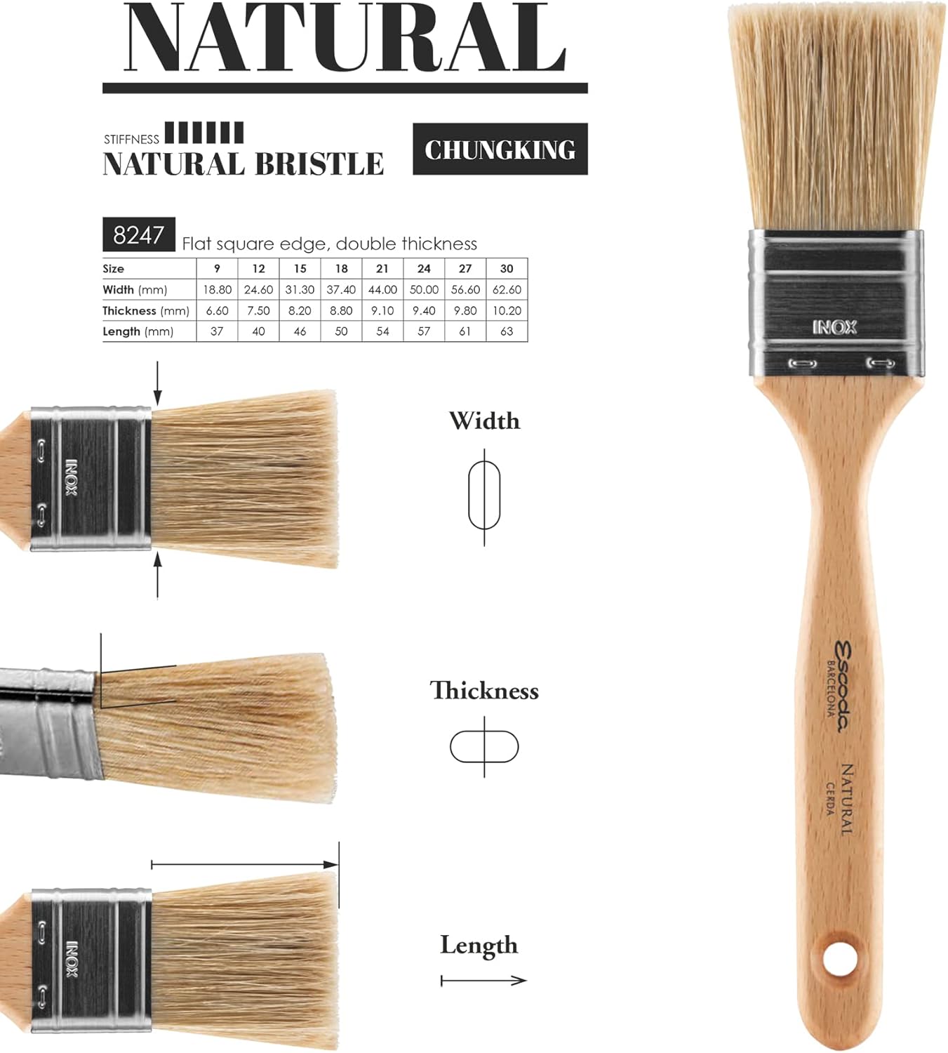 Escoda Series 8247 Artist Oil and Acrylic Paint Brush for Murals, Decorative Work & Faux Finishing, Natural Chungking Hog Bristle, Flat Double Thick Bristle, Size 18