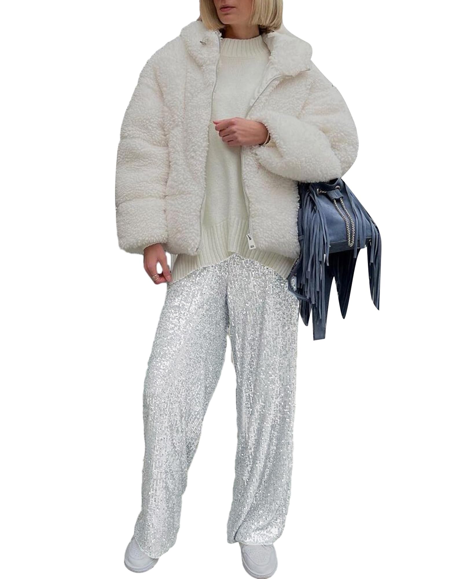 Owls-Yard Women Sequins Wide Leg Pants Shiny Loose Casual Trousers Elastic High Waist Trousers Office Streetwear A-Silver L