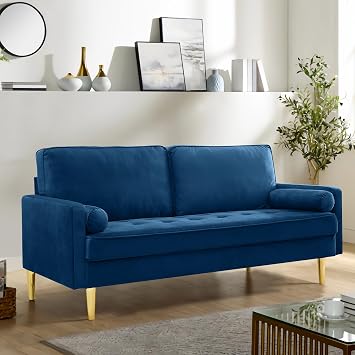 67" LoveSeat Sofa, Love Seat Couch, Mid Century Modern Couchs Velvet Fabric Pull Dot Design Sofas with Two Round Pillows for Small Spaces, Living Room, Dorm, Bedroom, Apartment Navy Blue
