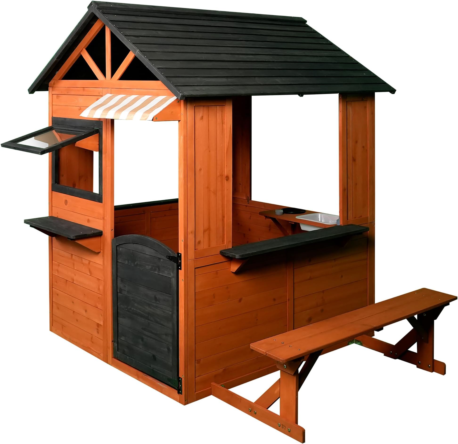 Easy Playhouse: Big Outdoor Wooden Playhouse - Working Door & Windows, Side Serving Station & Bench, Sink & Stove, Backyard Creative Toy Home, Kids 3+