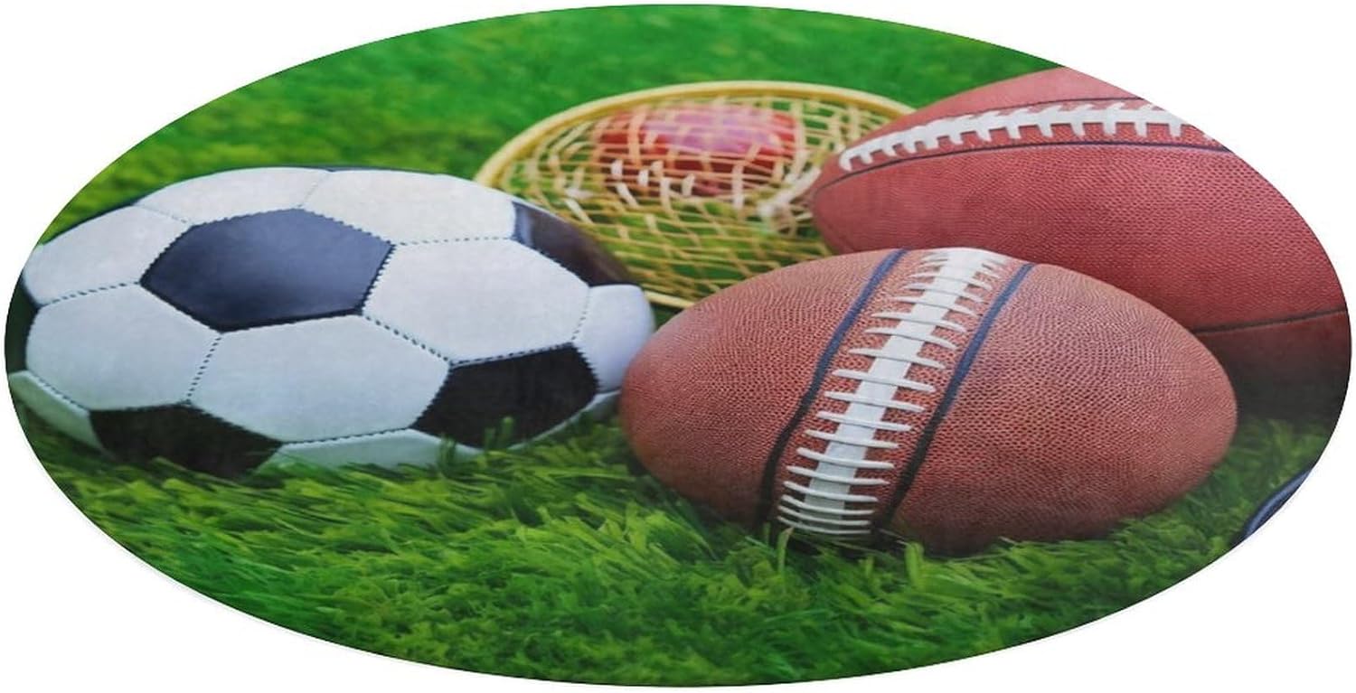 Round Floor Mats Door Mat Sports Balls on Grass Absorbent Rug Non Slip Mat for Bathroom Bedroom，Entryway, Office