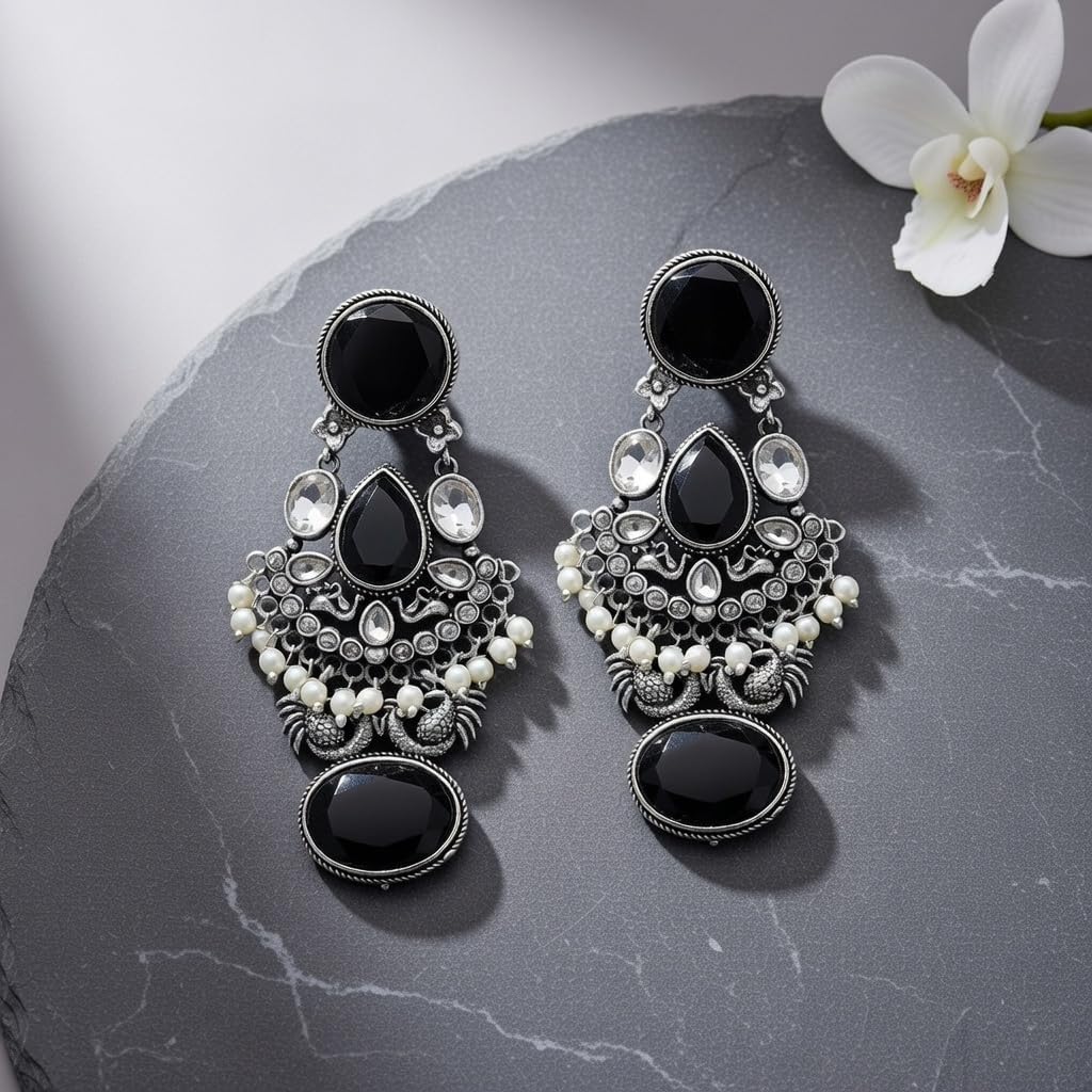 Efulgenz Indian Oxidized Jewelry Antique Boho Oxidized Indian Earrings for Women Faux Pearl Crystal Oxidized Chandelier Jhumka Jhumki Earrings Set Bohemian Statement Earrings Jewelry Set for Women