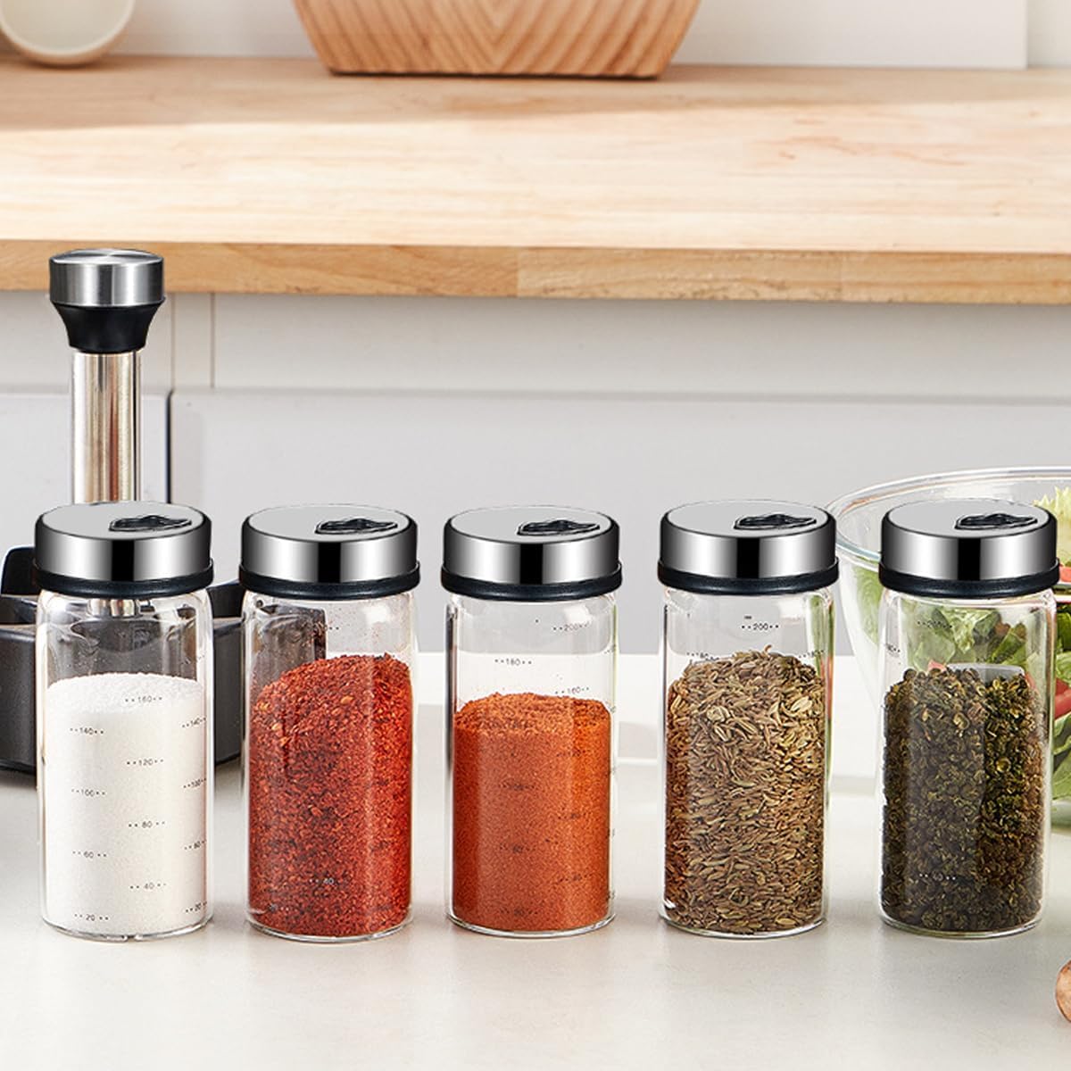 Verdental 7 oz Clear Glass Spices Shakers Set of 5, Salt and Pepper Shakers with Adjustable Outlet Holes Dispenser Seasoning Cans for Sugar, Peppercorns, Sesame, Chili, Caraway, Cinnamon, Fennel