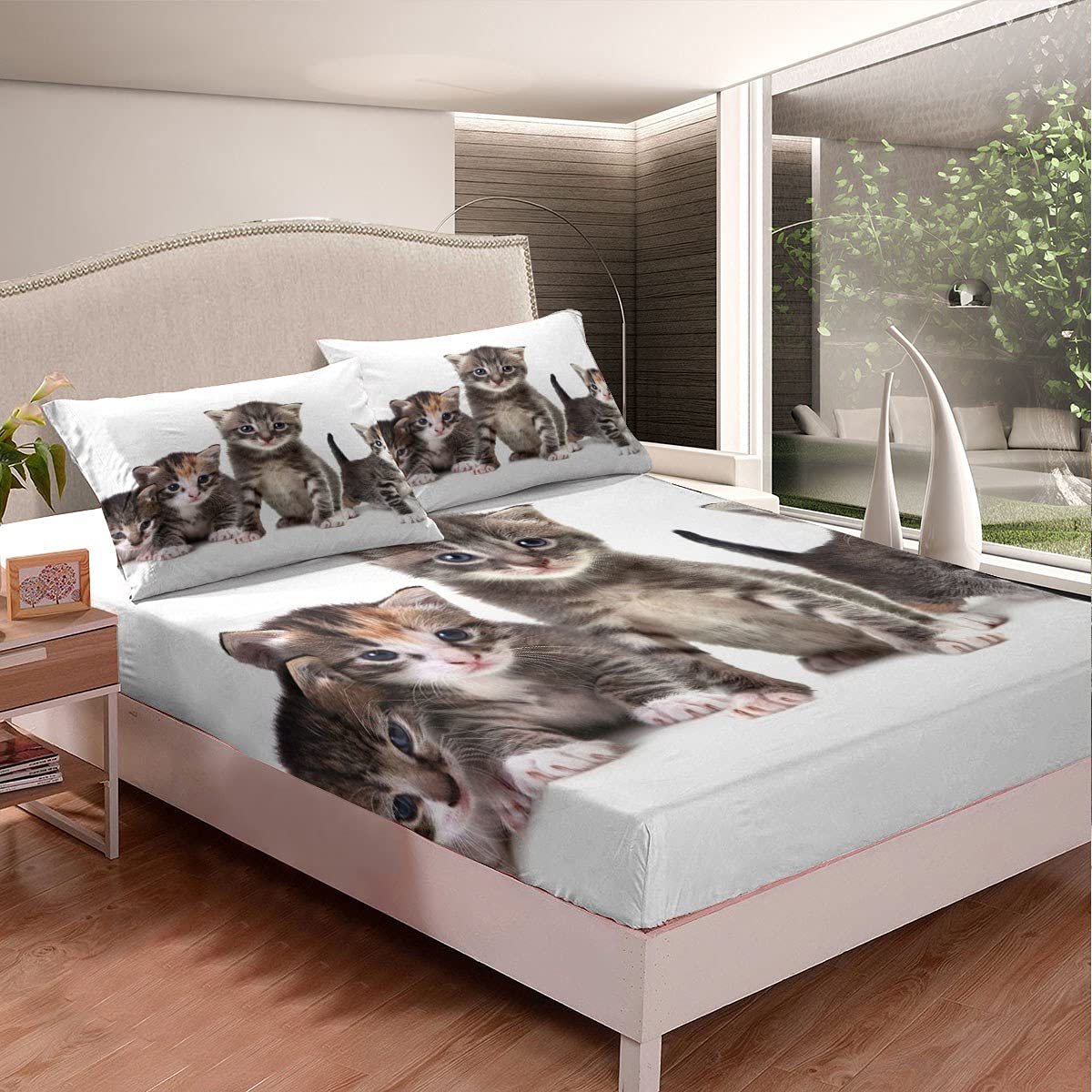 Parure de lit chat 3D gris et noir comprenant housse de lit enfant et taies d'oreiller
