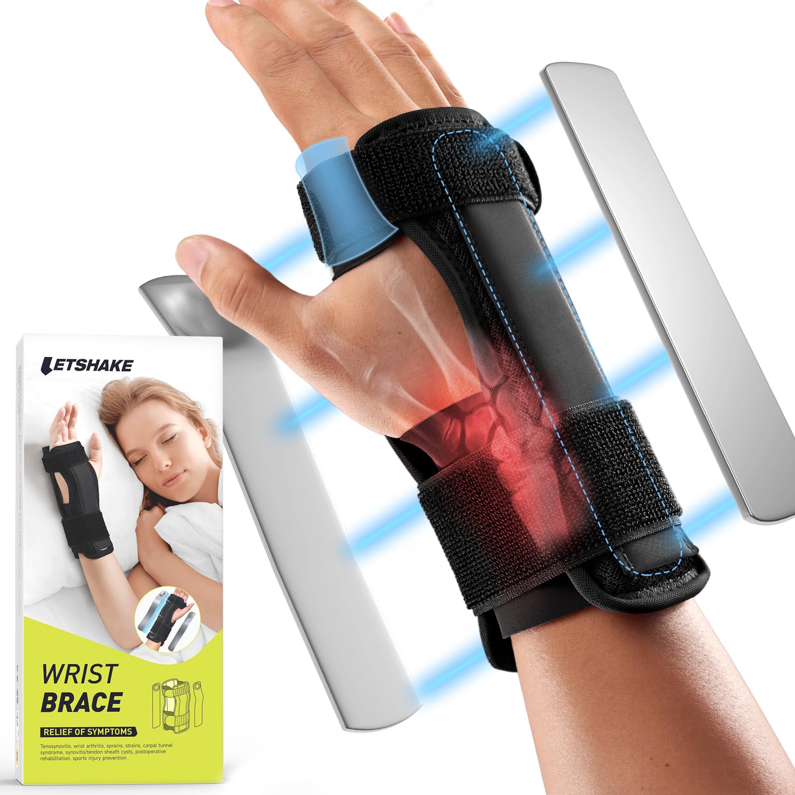 LETSHAKE Carpal Tunnel Wrist Brace Night Support, Lightweight Hand Brace with Metal Splint Stabilizer, Adjustable Straps, No Pressure Thumb Design for