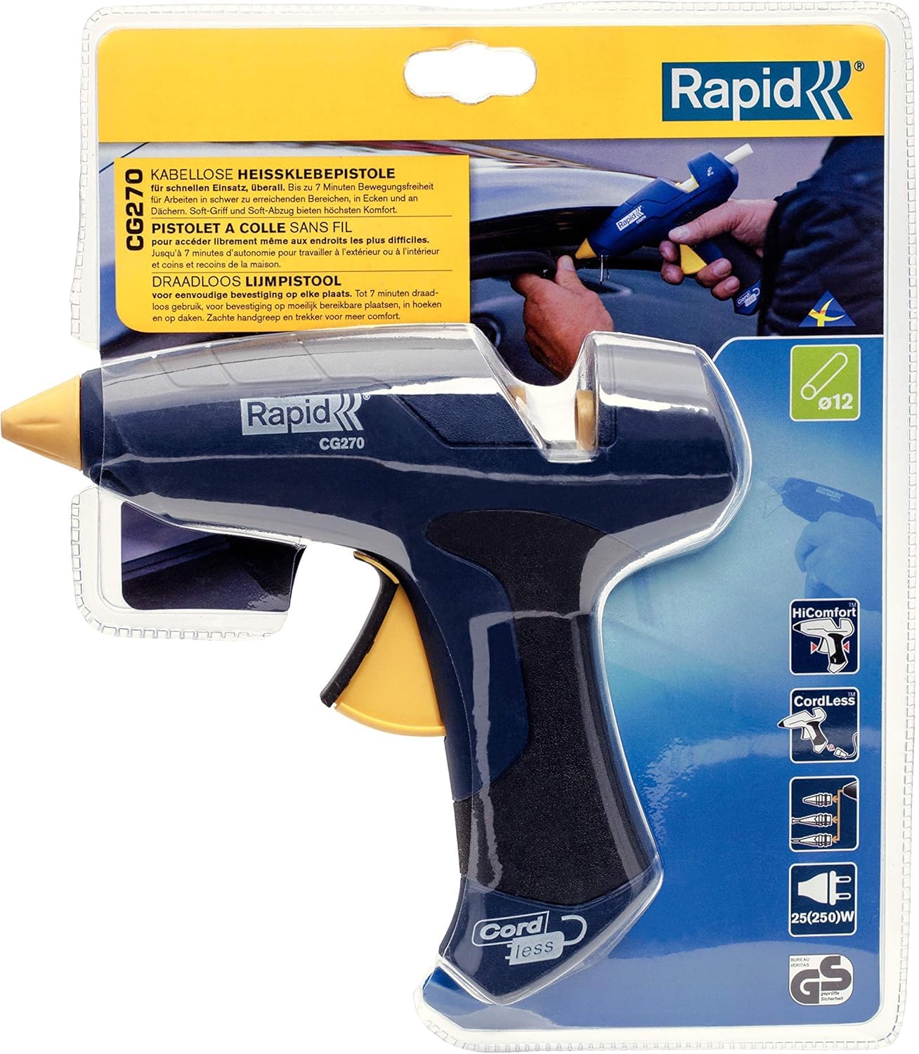 Rapid CG270 - Pistolet à Colle Sans Fil, Pour Bâtons Ø12 mm, Débit 350 g/h, Autonomie 7 Min, Gâchette et Poignée Confortables, Buse Interchangeable - 5000481