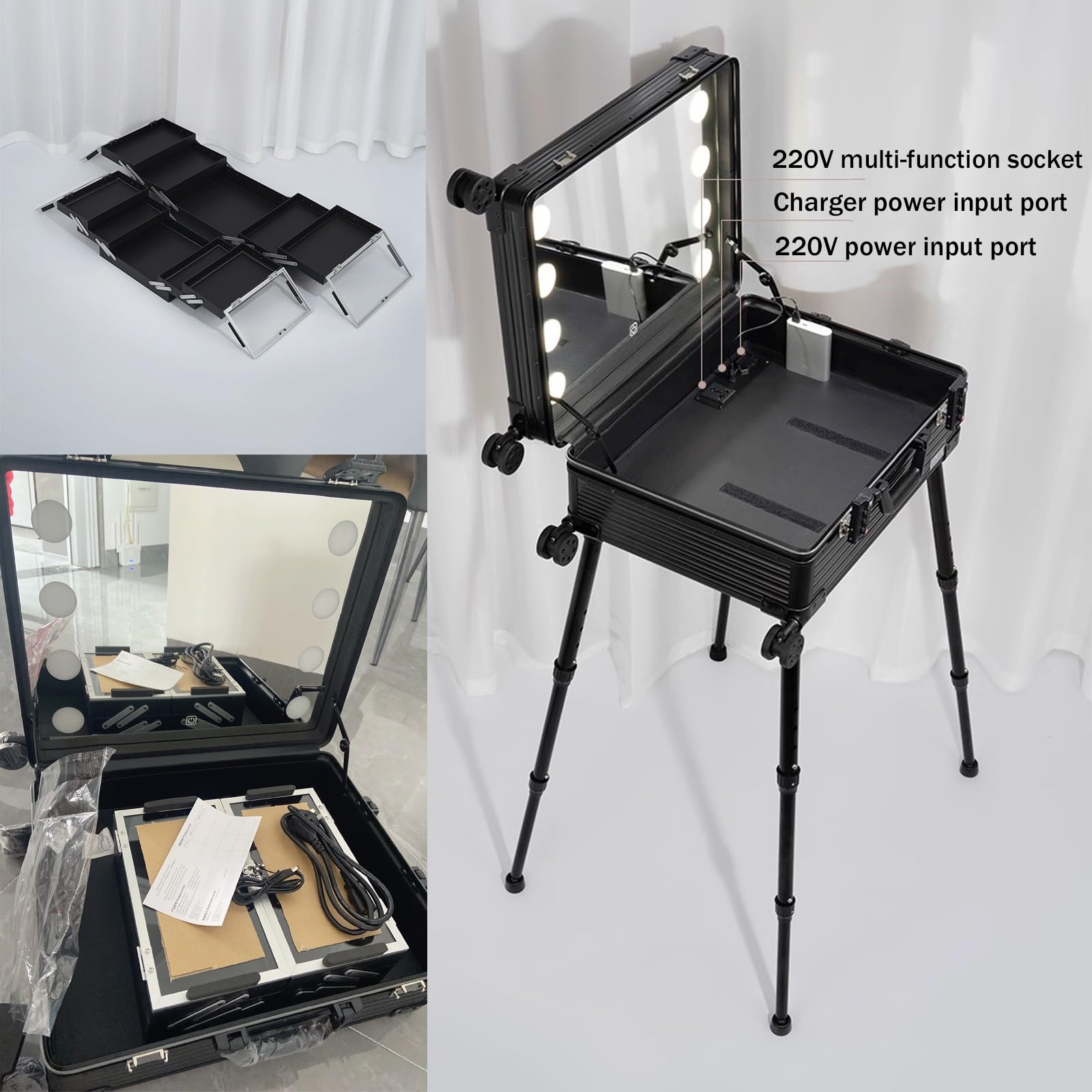 Estuche para cosméticos, Estuche de Viaje para cosméticos, Estuche de Maquillaje con Ruedas, Estuche de Maquillaje de Aluminio con Luces LED, Organizador Profesional de cosmético