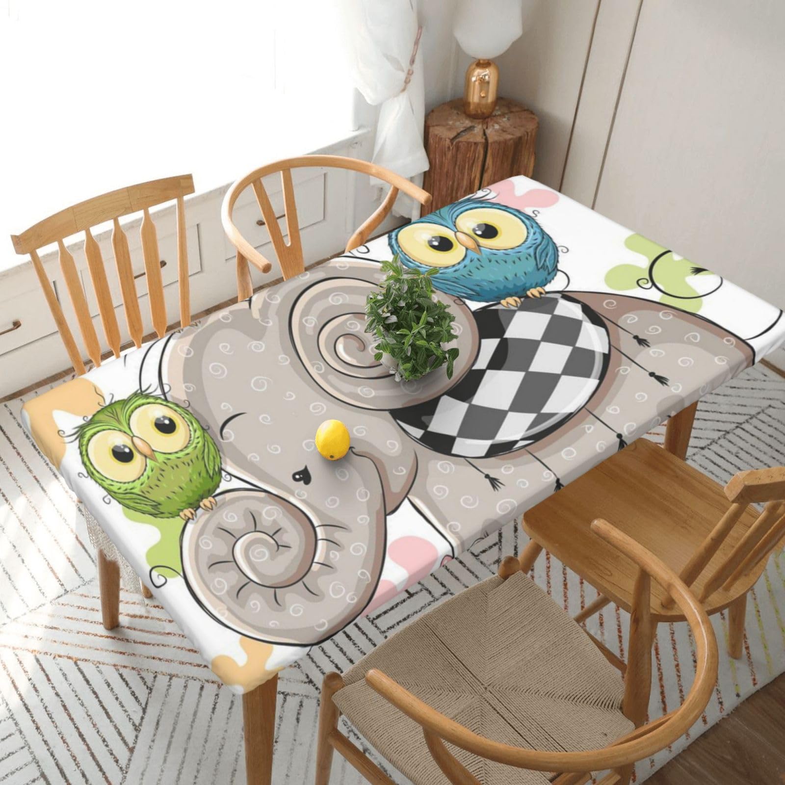 BNVSADC Cartoon Elephant and Owls Floral Printed 5FT Tablecloth Polyester Kitchen Water Resistant Table Cloth Dining Table Decoration Table Covers, 152x76 CM