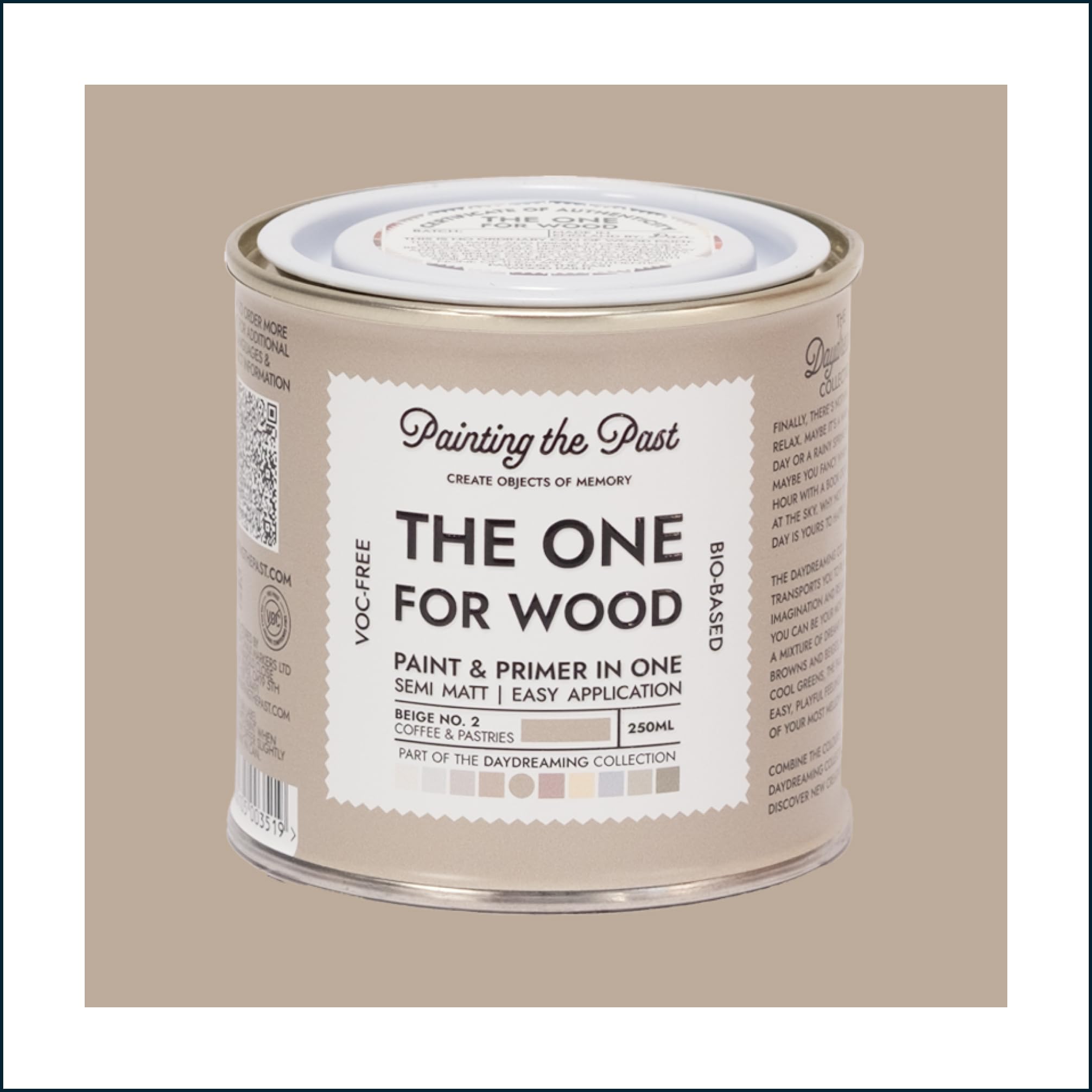 The One for Wood Paint & Primer 250ml Beige No. 2 Coffee & Pastries | Semi Matt Finish, Bio-Based & VOC-Free Formula for Wooden Furniture & Surfaces | Durable & Easy Indoor Home Decorating