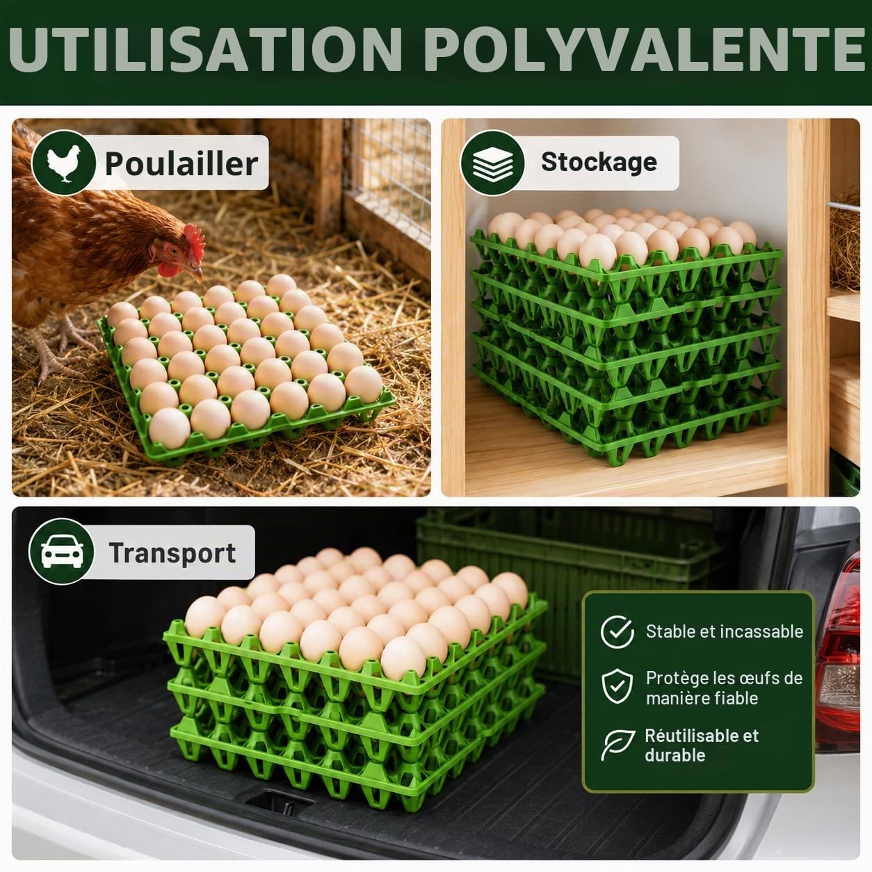 CYEER Lot de 20 Plateaux à Œufs en Plastique Vert, Alvéoles pour 30 Œufs Empilables, Casier Lavable pour Élevage de Poules, Transport et Vente sur Marché (Capacité 600 Œufs)