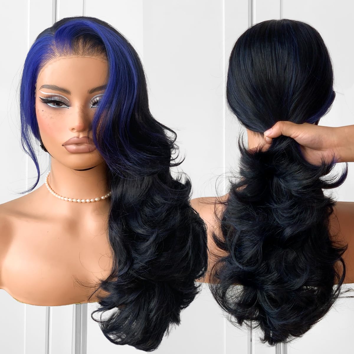 Voluminous Feather Layered Hair Flip Out Preplucked Precision-Precut-cut Ready-to-Go Glueless 13x6 HD Synthetic Lace Front Wig Dark Blue Skunk Stripe Wig