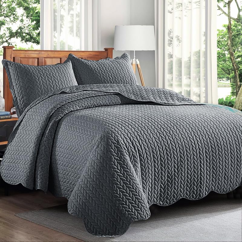 Trendy Realm Quilt Mono Bedspread 3 Pieces Set – Coverless Quilted Leaf Motif Bedspread, Comforter Throw, Summer and All-Season Lightweight Bedding Sets, with 2 Pillow Shams (Double, Grey)