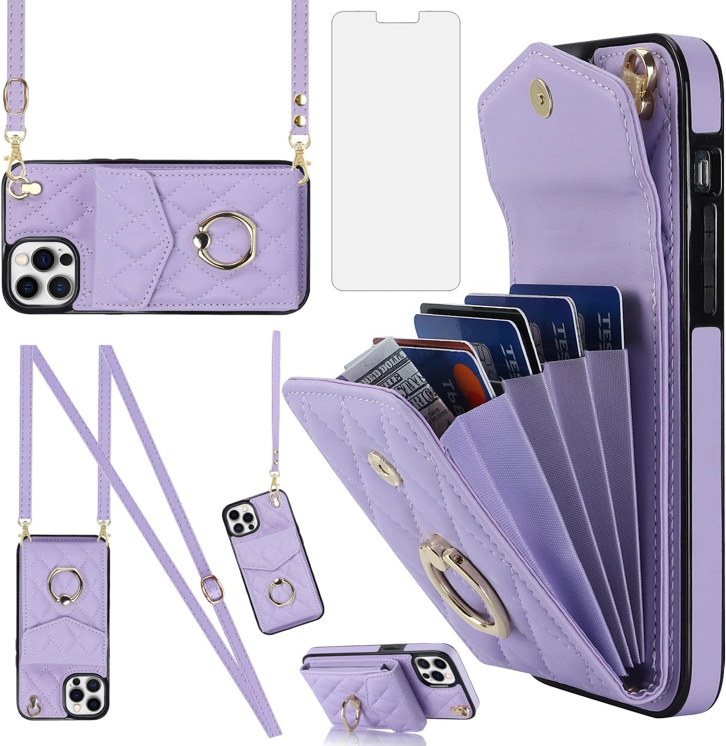 Asuwish Phone Case for iPhone 12 Pro Max 6.7 Wallet Cover with Tempered Glass Screen Protector Ring RFID Blocking Card Holder Cell iPhone12promax 5G i 12s Plus iPhone12 12pro Promax Women Girls Purple