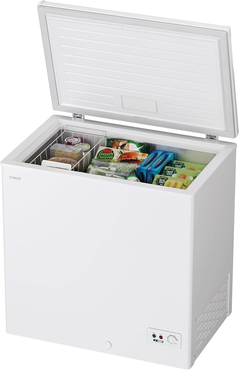 Candy Artico CCHH 200E Chest Freezer with its lid open, showing the interior filled with various frozen food items and a wire storage basket.