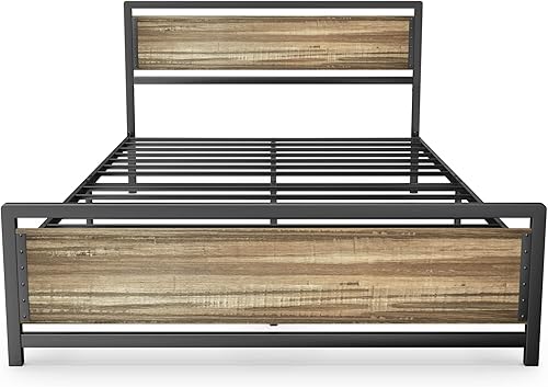 Miniatura 8 de Gizoon Cama de plataforma de metal Queen con cabecera de madera, listones de hierro de 15 pulgadas, gran almacenamiento debajo de la cama, sin