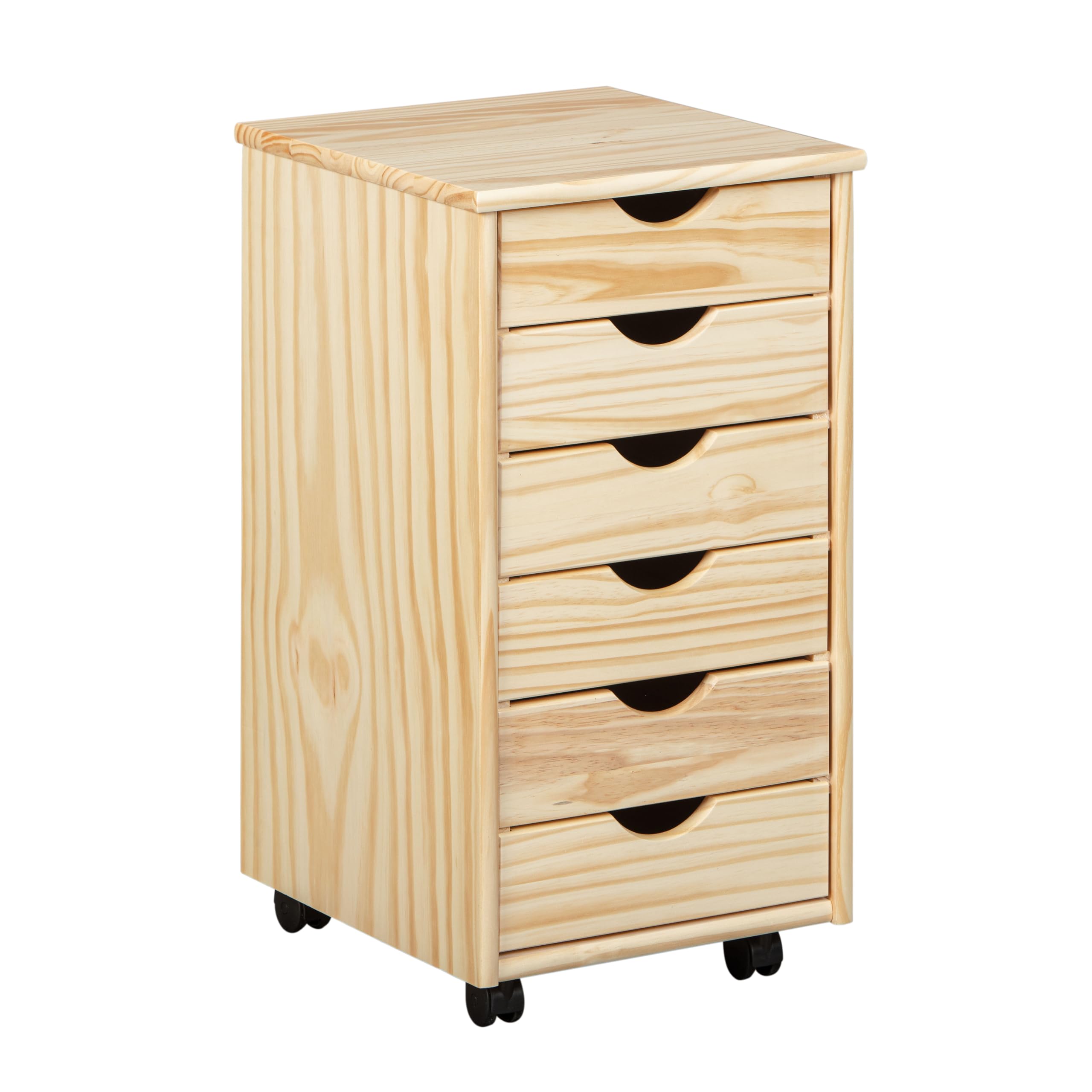 Inter Link – Rollcontainer – Rollcontainer mit 6 Schubladen – Bürocontainer - Rollschrank – Rollwagen – Schubladenkommode - Massiv Kieferholz – Natur Lackiert – BxTxH: 35x40x65 cm – Nils