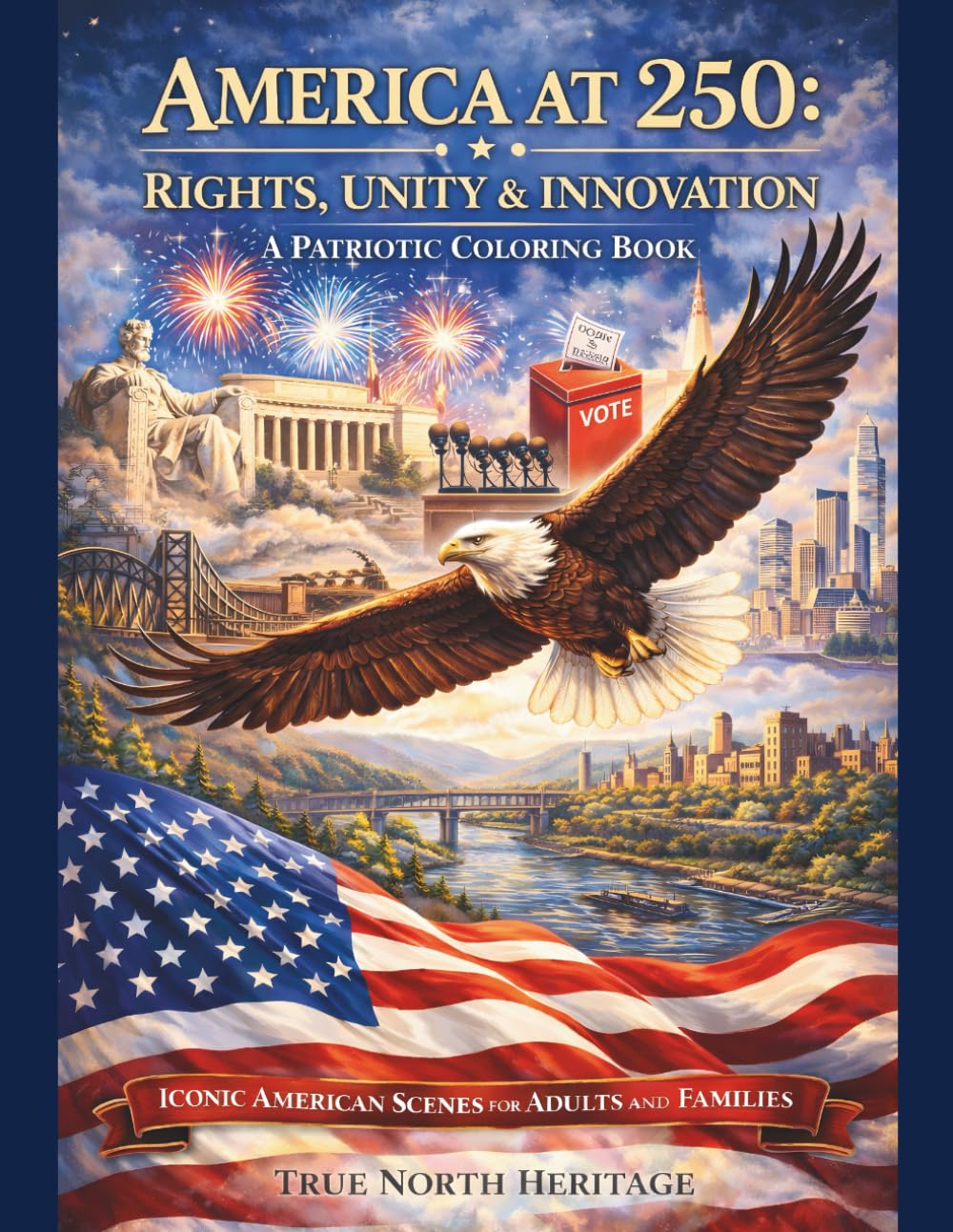America at 250 -Rights, Unity & Innovations A Patriotic Coloring Book: Iconic American Scenes for Adults and Families (America 250 Patriotic Coloring Books)