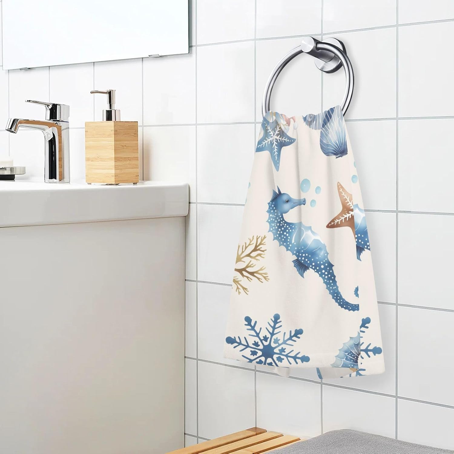 Cotton Hand Towels for Bathroom Set of 2 Christmas Coastal Beachy Seahorse Starfish Kitchen Towels Soft Bath Towel Absorbent Towels for for Face,Gym,Sports 16x28in