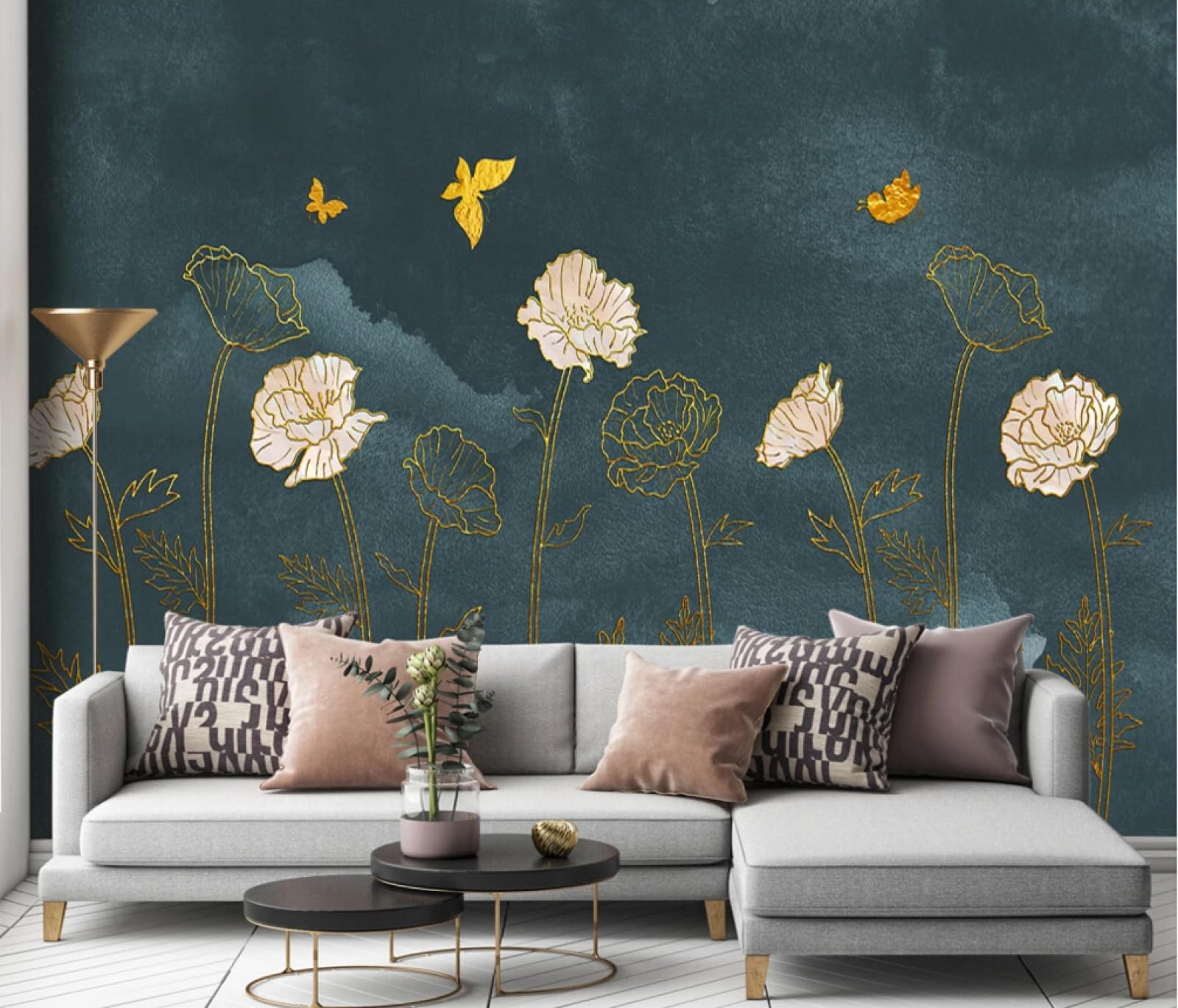 Tapisserie murale haut de gamme fleurs abstraites relief doré