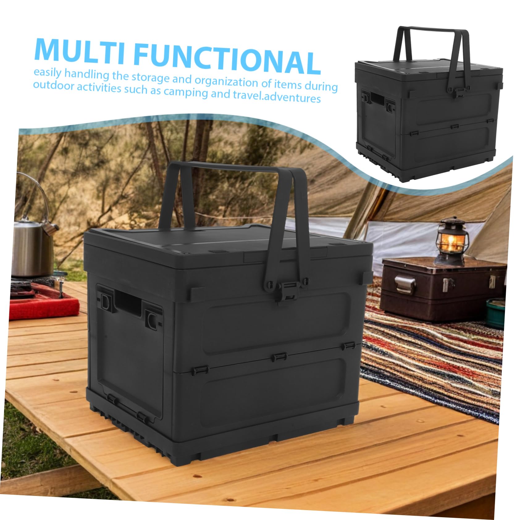 Caja de Almacenamiento Plegable de Plástico Negro para Camping Diseño Multifuncional con Asa Incorporada y Función de Mesa Pequeña y Maletero de Coche