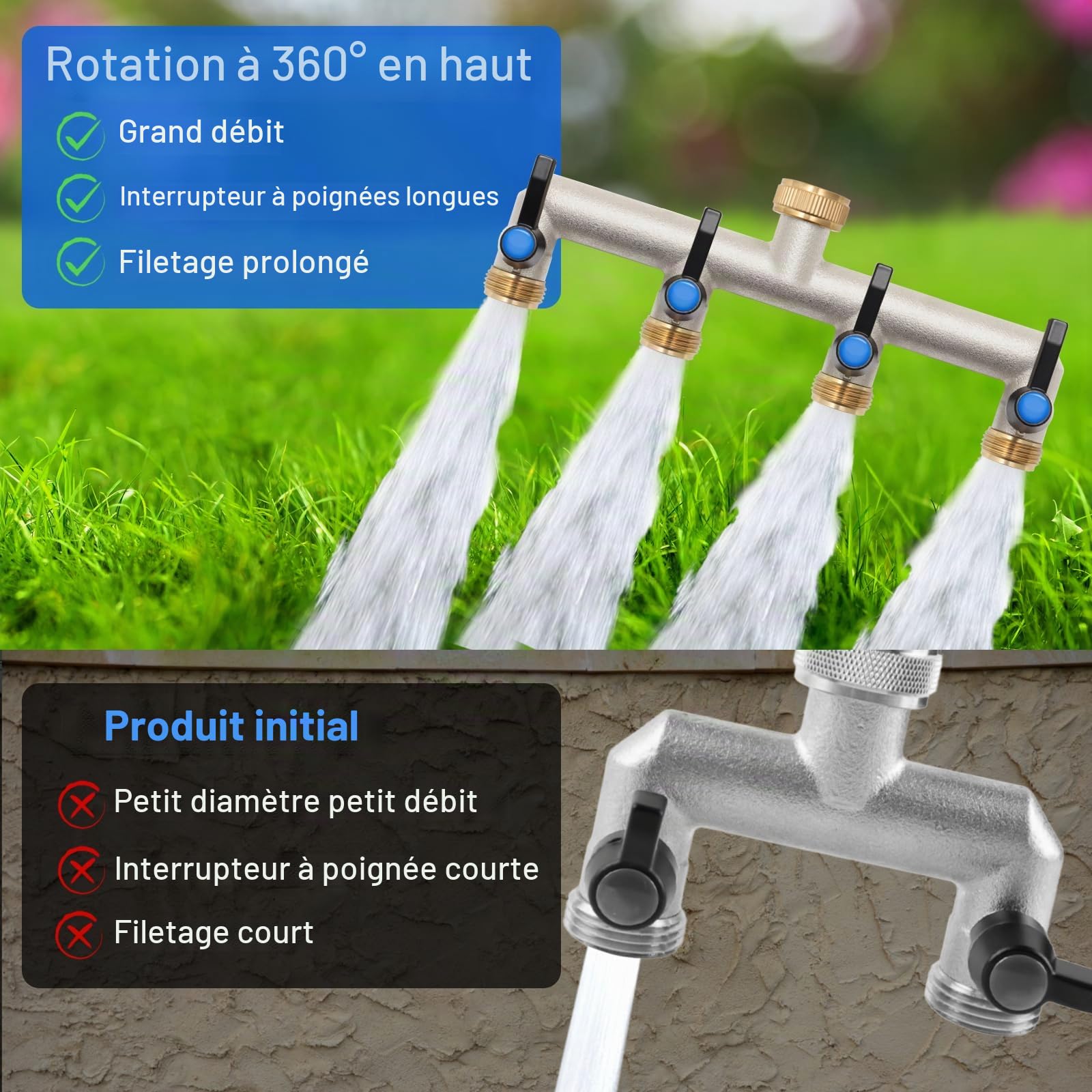 Distributeur d'eau à 4 voies en laiton, adaptateur de 3/4" avec 4 raccords de robinet de 3/4" à 1/2" pour maison, cour, machine à laver