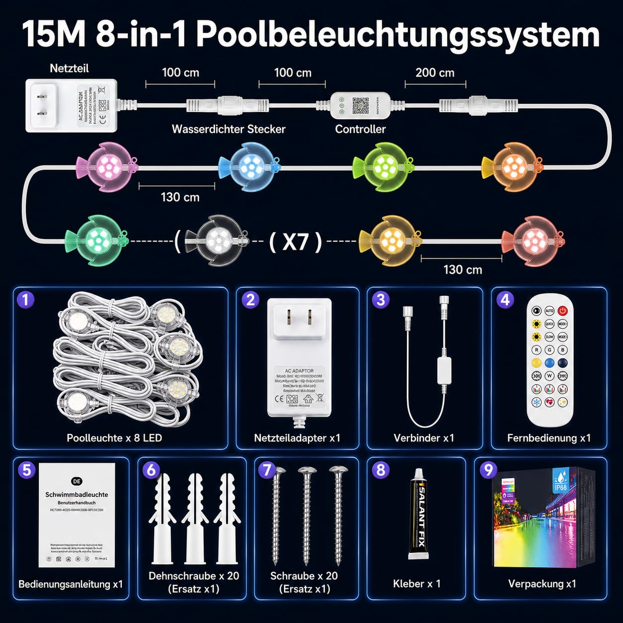 8-in-1 Poolbeleuchtungssystem 15m, 24V IP68 wasserdicht Poollicht ohne Umbau, RGB+IC Dynamische Pool LED, Vollflächige Pool Beleuchtung mit App & Fernbedienung für Einbau- und Aufstellpools