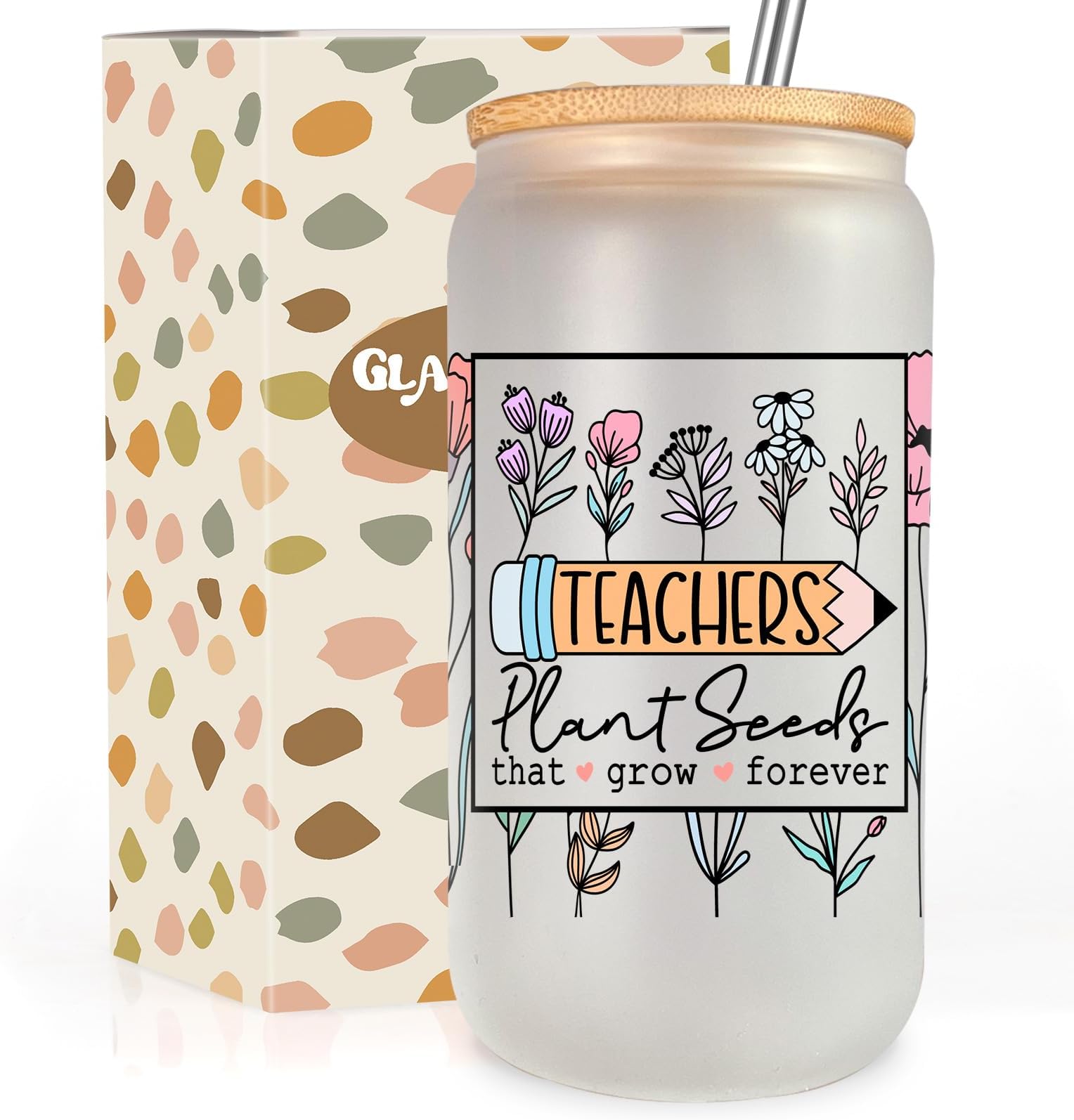 GSPY Teacher Glass Cup, 16oz Glass Tumbler, Frosted Glass Cups with Lids and Straws - Teacher Appreciation Gifts, Teacher Gifts for Women - Mothers Day, Birthday, Thank You Gifts for Teachers