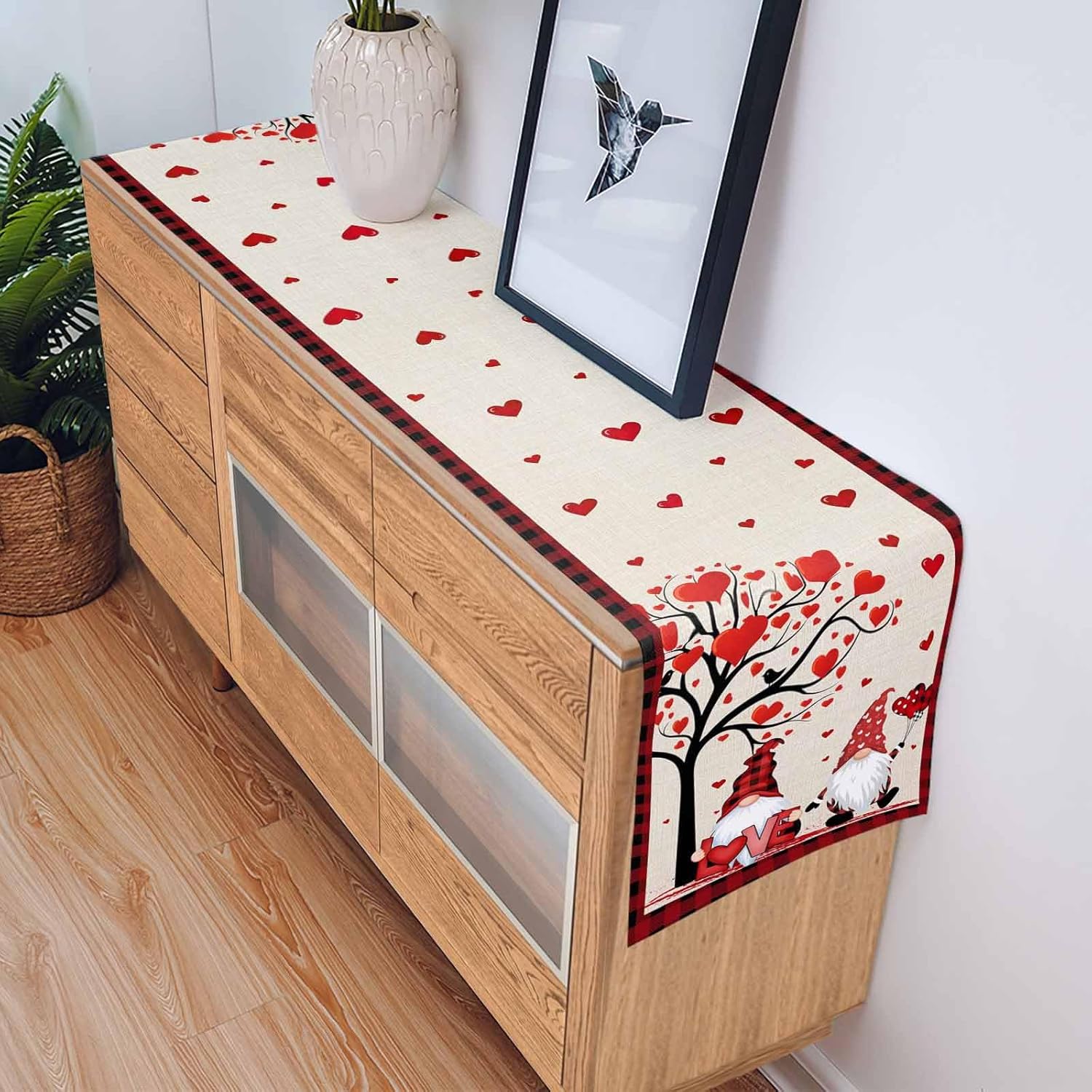 Valentine Table Runner 120 inches Long for Table Decoration Happy Valentine's Day Love Tree and Gnome Red and Black Buffalo Plaid Coffee Table Runner for Kitchen Runners for Party Home Decor 13x120in