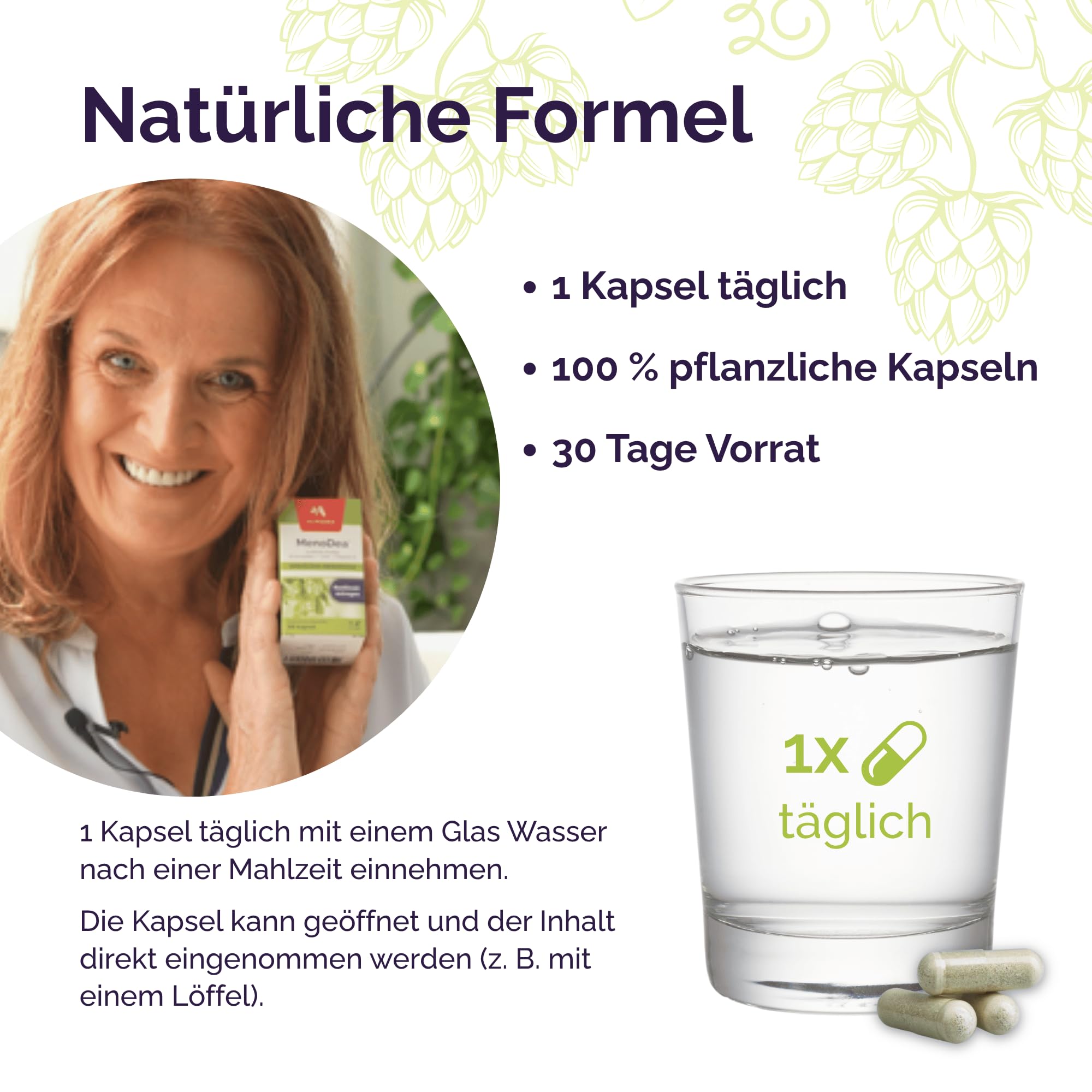 MenoDea – Wechseljahre natürlich unterstützen, Mit Hopfenextrakt (8-Prenylnaringenin), Für mehr Balance bei Hitzewallungen, Schlaf & Stimmung, 100% pflanzlich, 30 Tage Vorrat (1 Packung)