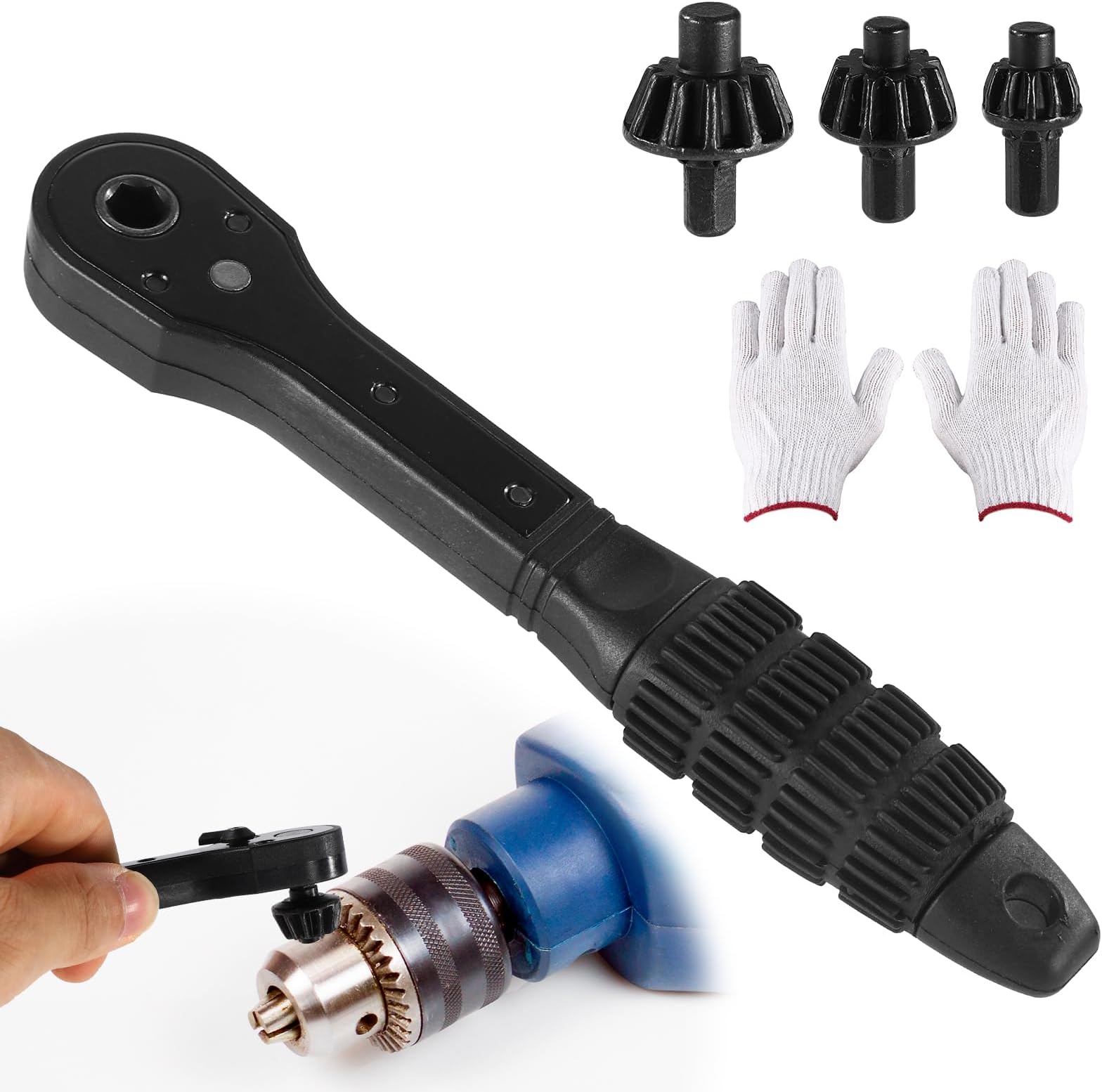 5pcs Chuck Key Kit, Universal 2 in 1 Drill Chuck Ratchet Wrench with 3 Replacement Spanner Heads and 1 Pair Power Tool Work Gloves Suitable for Most Power Tool and Electric Drill