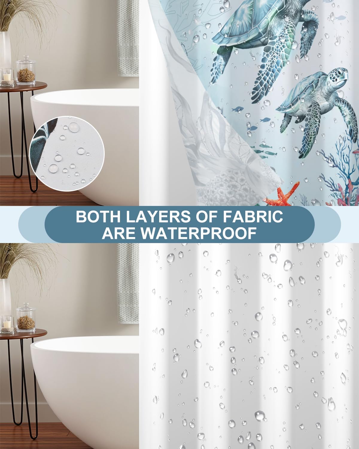 No Hook Shower Curtain with Snap in Liner Set, Coastal Sea Turtle Marine Life Print Shower Curtains for Beach House & Nautical Kids Bathroom, Mesh Top Waterproof Bath Curtain, 71x74 Inch