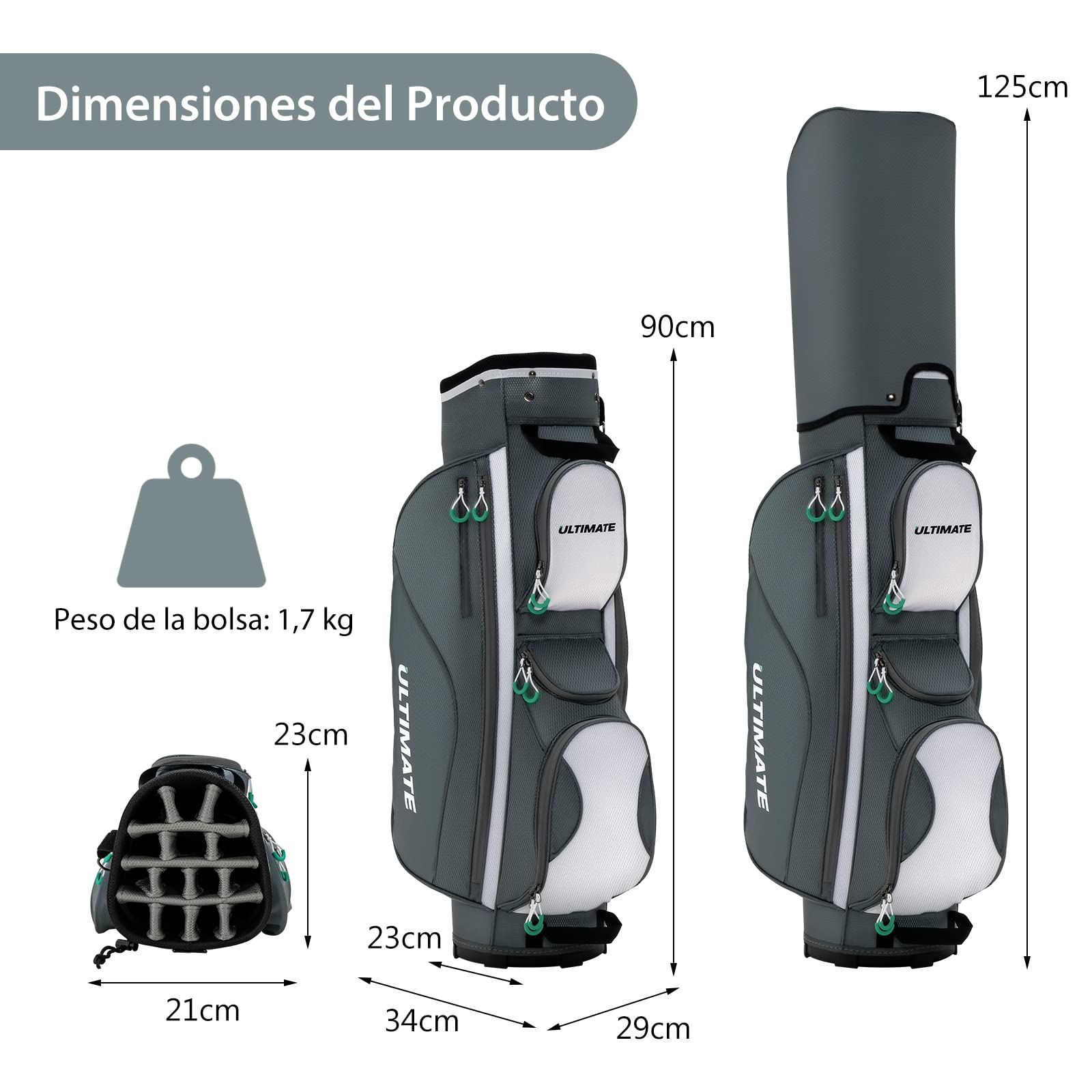 COSTWAY Bolsa de Golf con 14 Divisores, Bolsa Ligera para Carro de Golf con Correa para el Hombro, 7 Bolsillos con Cremallera, Nevera y Bolsillo para Guardar Cosas, Bolsa Portátil para Palos de Golf