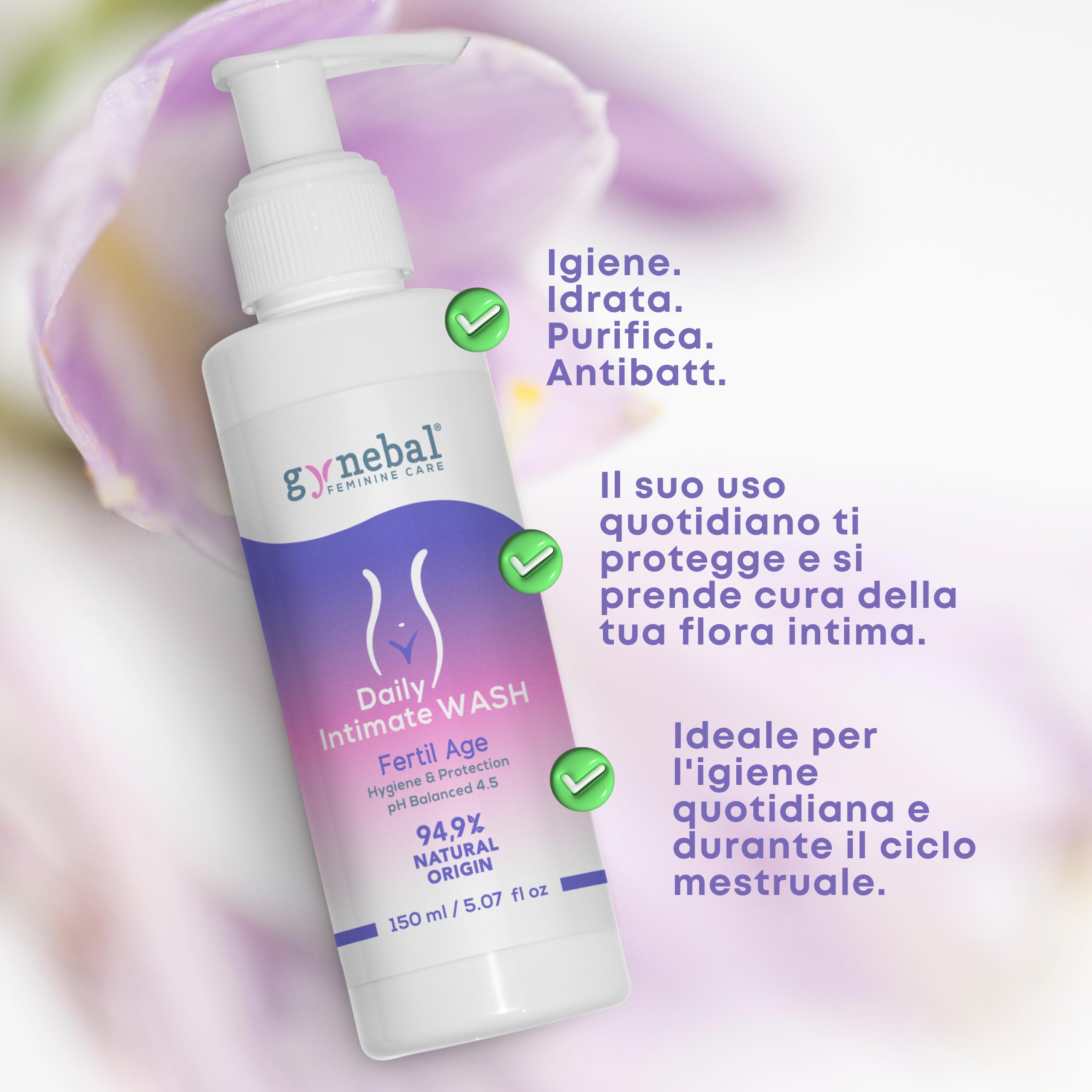 GYNEBAL detergente intimo donna tea tree oil con PH 4,5 con COMPLESSO PREBIOTICO adattato all'età fertile - Sapone intimo LENITIVO e PURIFICANTE per igiene intima quotidiana - 150 ml