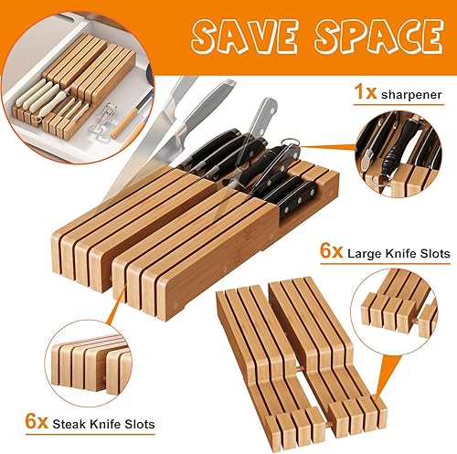 Miniatura 4 de Organizador de cuchillos en el cajón, bloque de cuchillos de bambú, soporte para cuchillos de carne sin cuchillos, capacidad para hasta 6 cuchillos