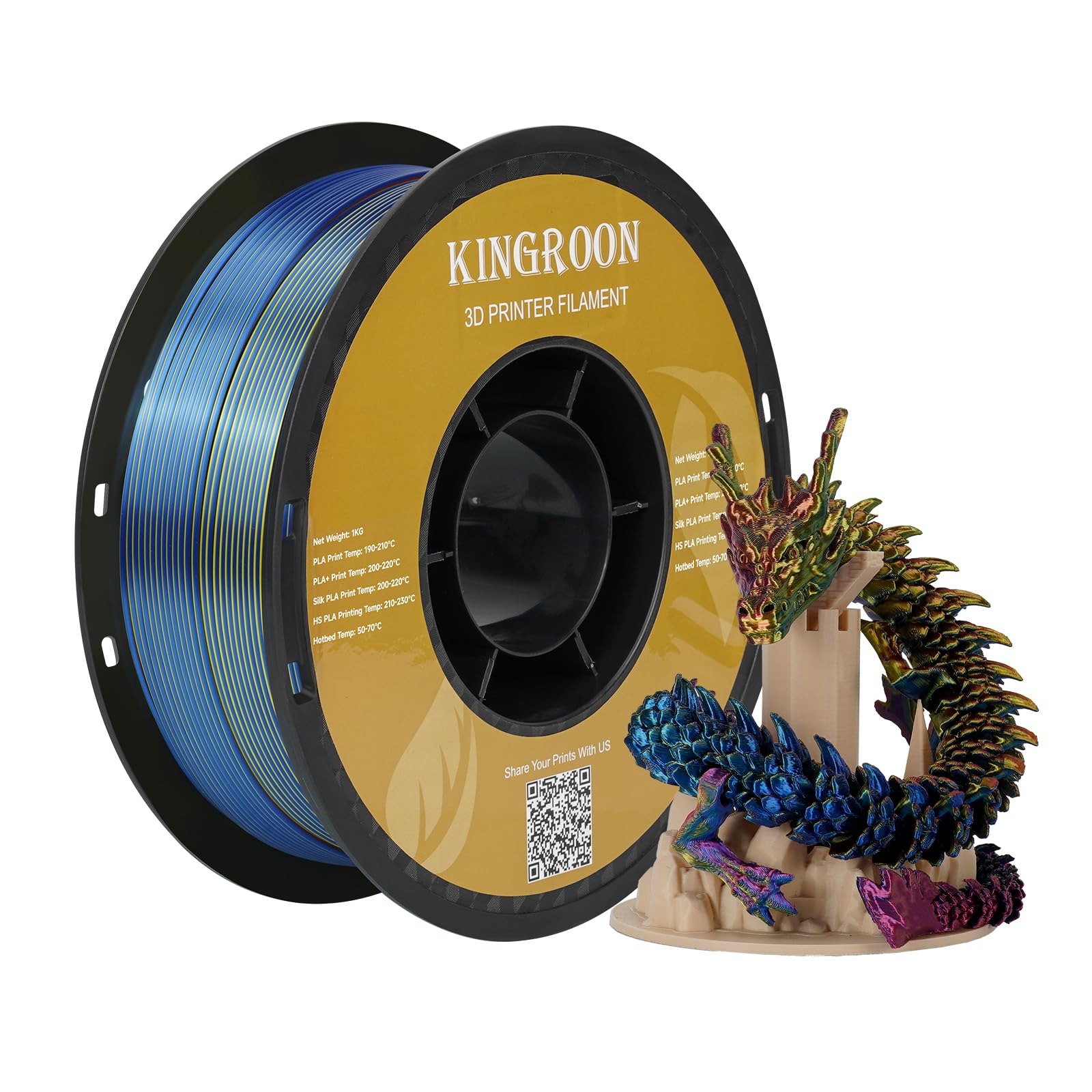 Kingroon Silk PLA Triple Color,3D Printer Filament,Pla Filament 1.75mm,Multicolor Filament 1KG,Dimensional Accuracy +/- 0.03mm,for Most FDM 3D Printer