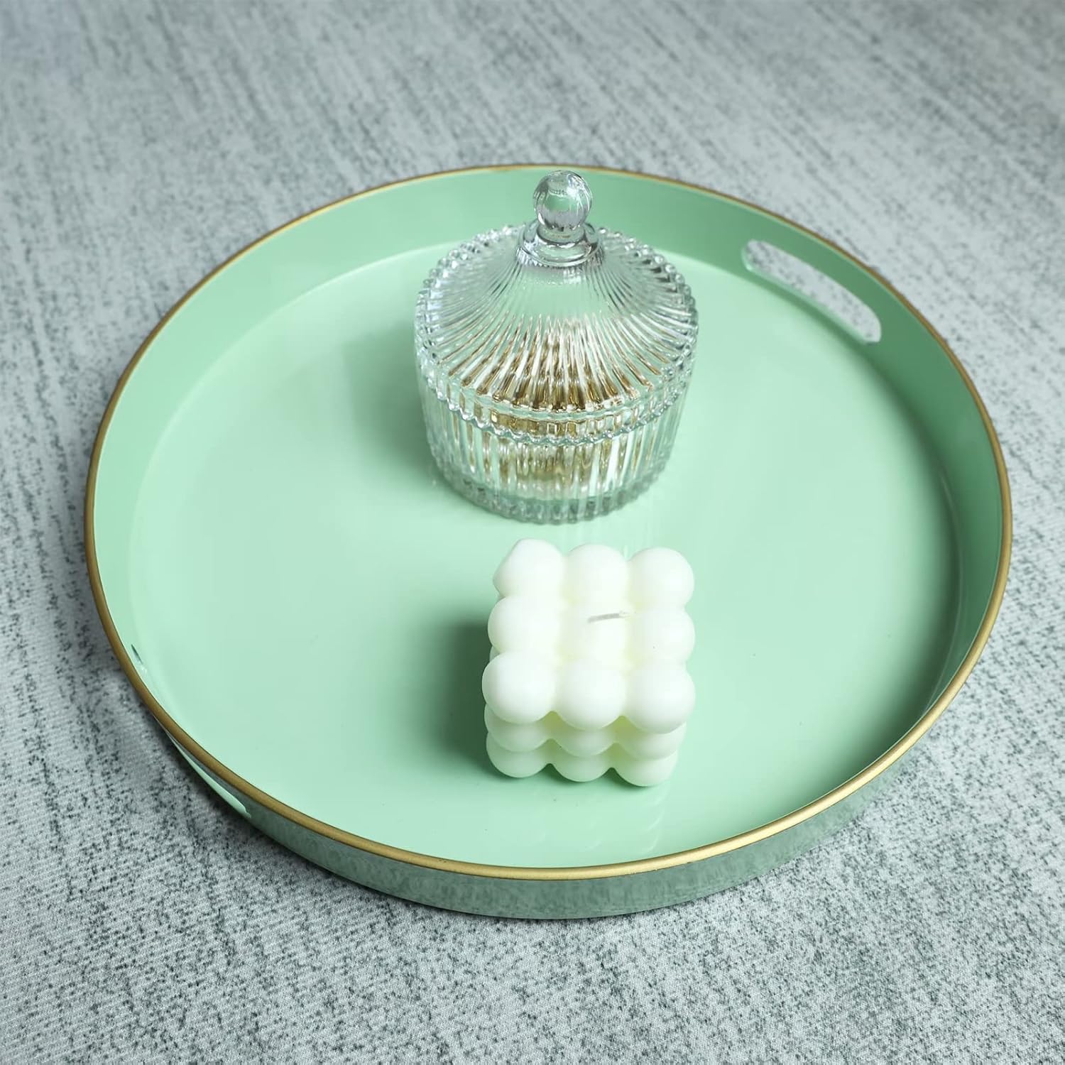 Spsyrine Round Green Plastic Decorative Tray, 13'' Modern Tray with Handles, Marble Pattern, for Breakfast, Coffee Table, Bathroom, Kitchen, Living Room image 5