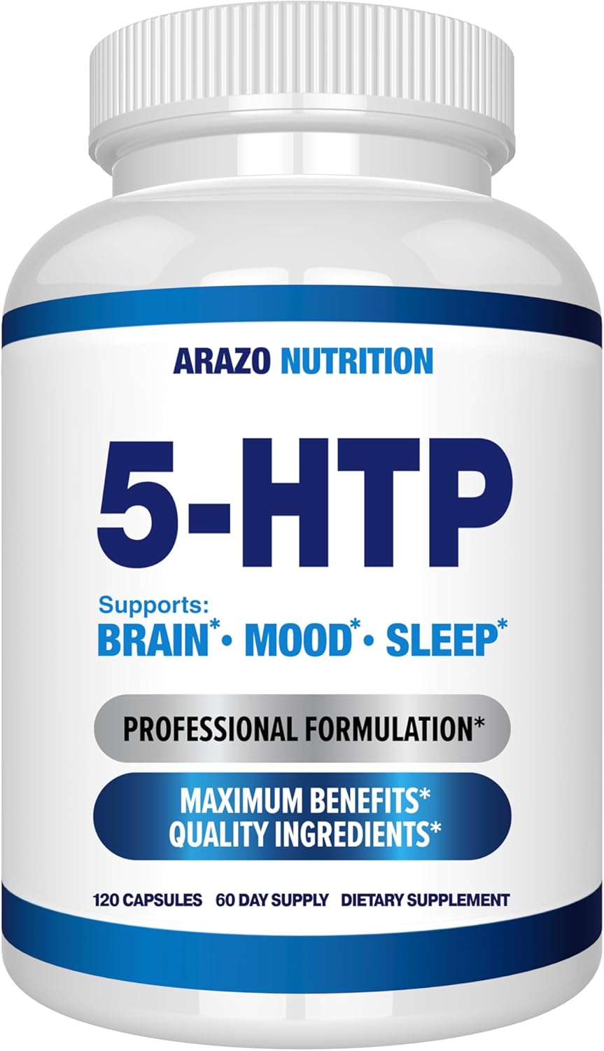 5-HTP 200 MG Per Serving Plus Calcium for Mood, Sleep – Supports Calm and Relaxed Mood – 99% High Purity – 120 Capsules – Arazo Nutrition