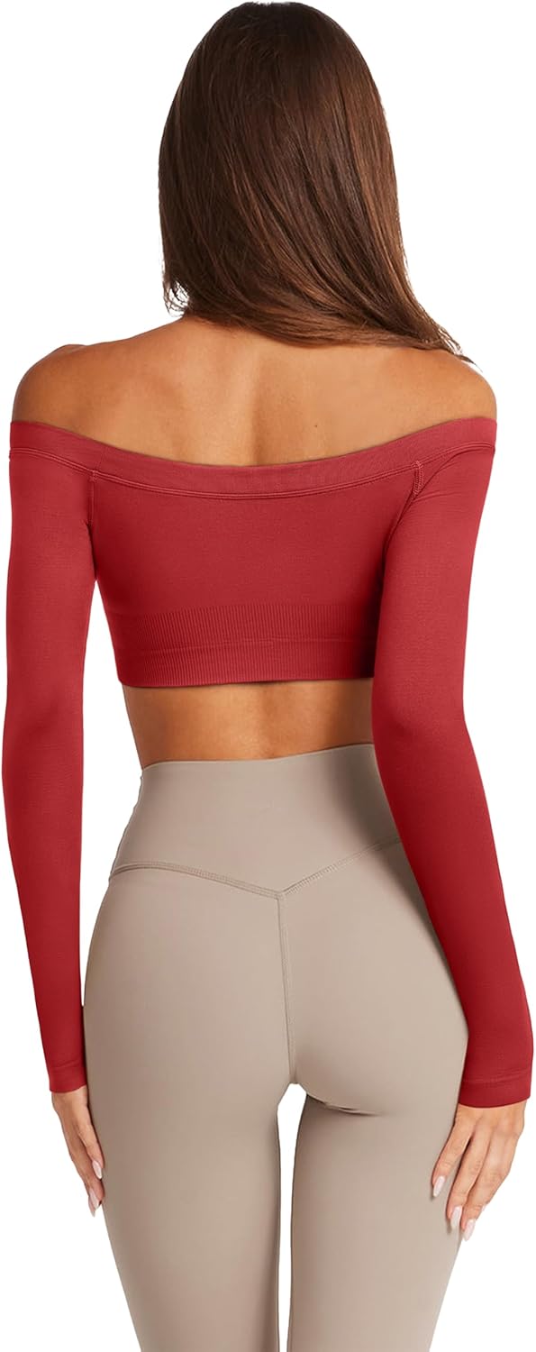 LASLULU Womens Off The Shoulder Tops Seamless Long Sleeve Workout Crop Top Sexy Gym Yoga Going Out Tops Shirts - Image 4