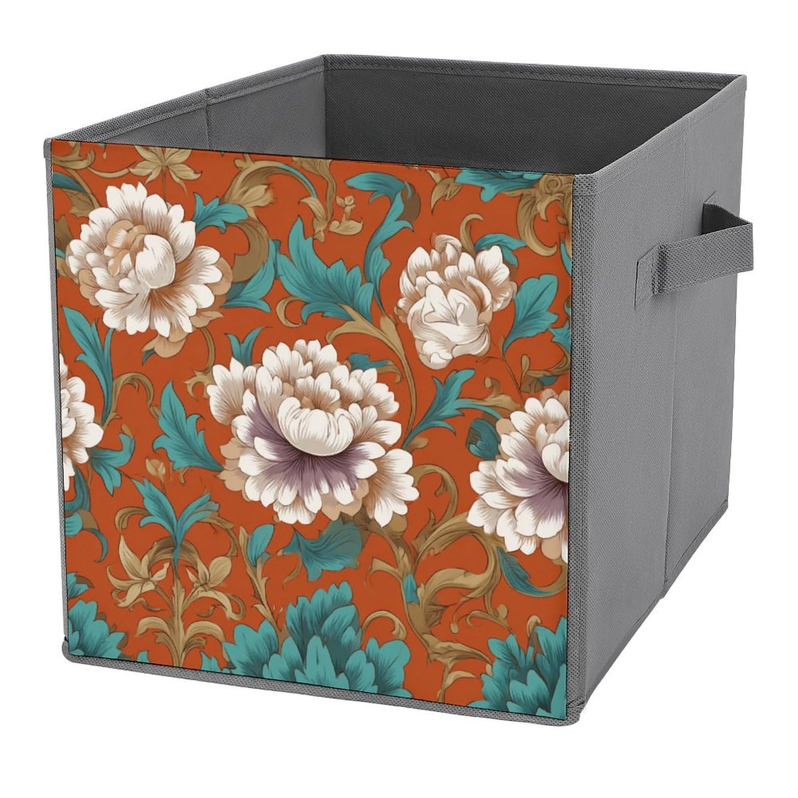 Jubonexis Florals And Scrollwork Botanical Motifs Cube Storage Bins Storage Cubes Foldable Decorative Fabric Storage Baskets Home Organizers with Handles for Shelves,Closet, 27x27 CM