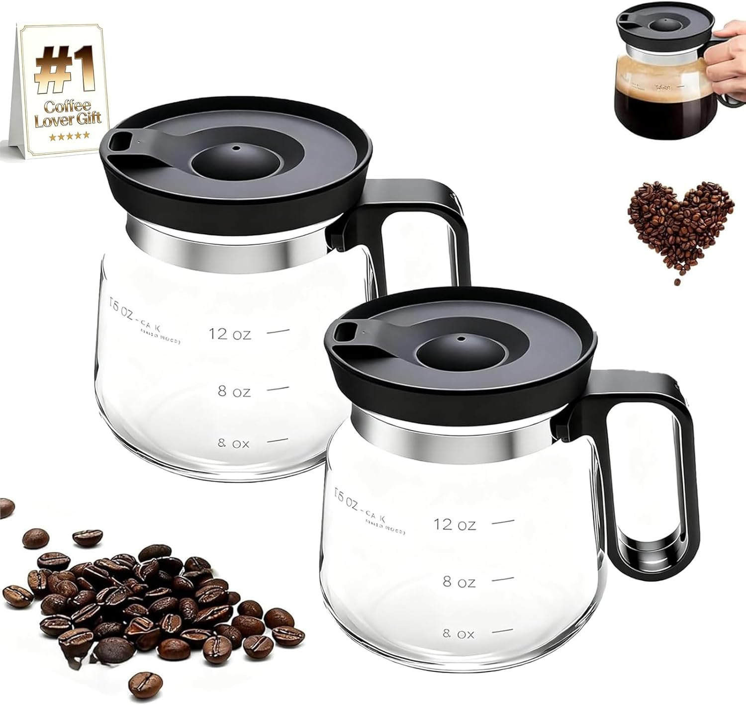 2PCS Mini Coffee Pot Mug,16 Oz Glass Travel Cup Maker Looks like Pot with Spill Proof Lid, Funny Novelty Small Unique Shaped Cool Clear Home Office Gifts for Hot Teas, No Ceramic