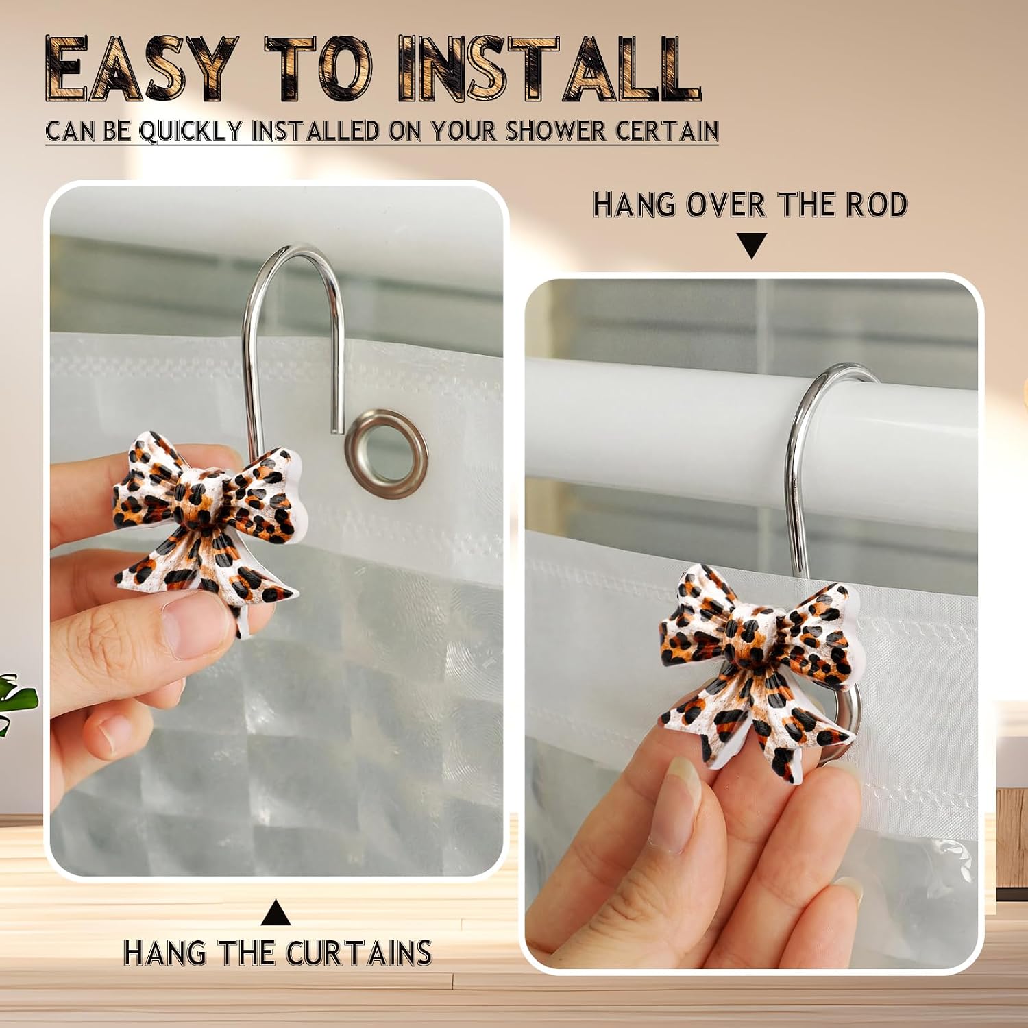 Novabright 12 Pcs Cheetah Bow Shower Curtain Hooks, Beige,Dark Brown