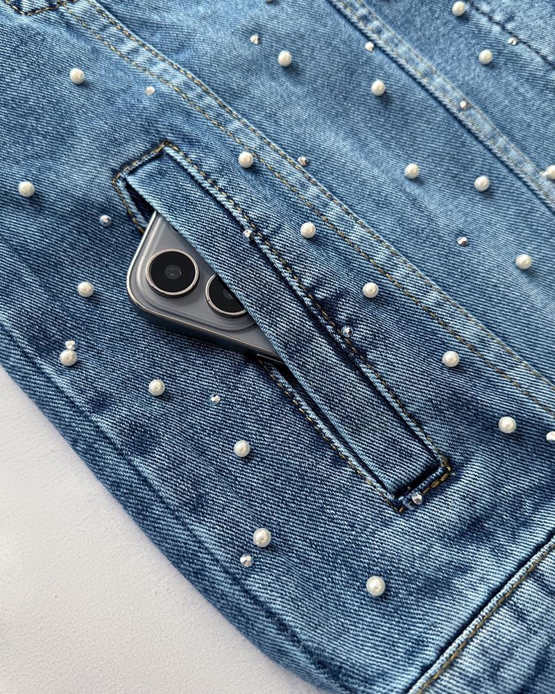CHICME Womens Pearl Denim Jacket Rhinestone Button Up Jean Jacket