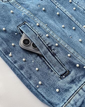 CHICME Women's Pearl Denim Jacket Rhinestone Button Up Jean Jacket