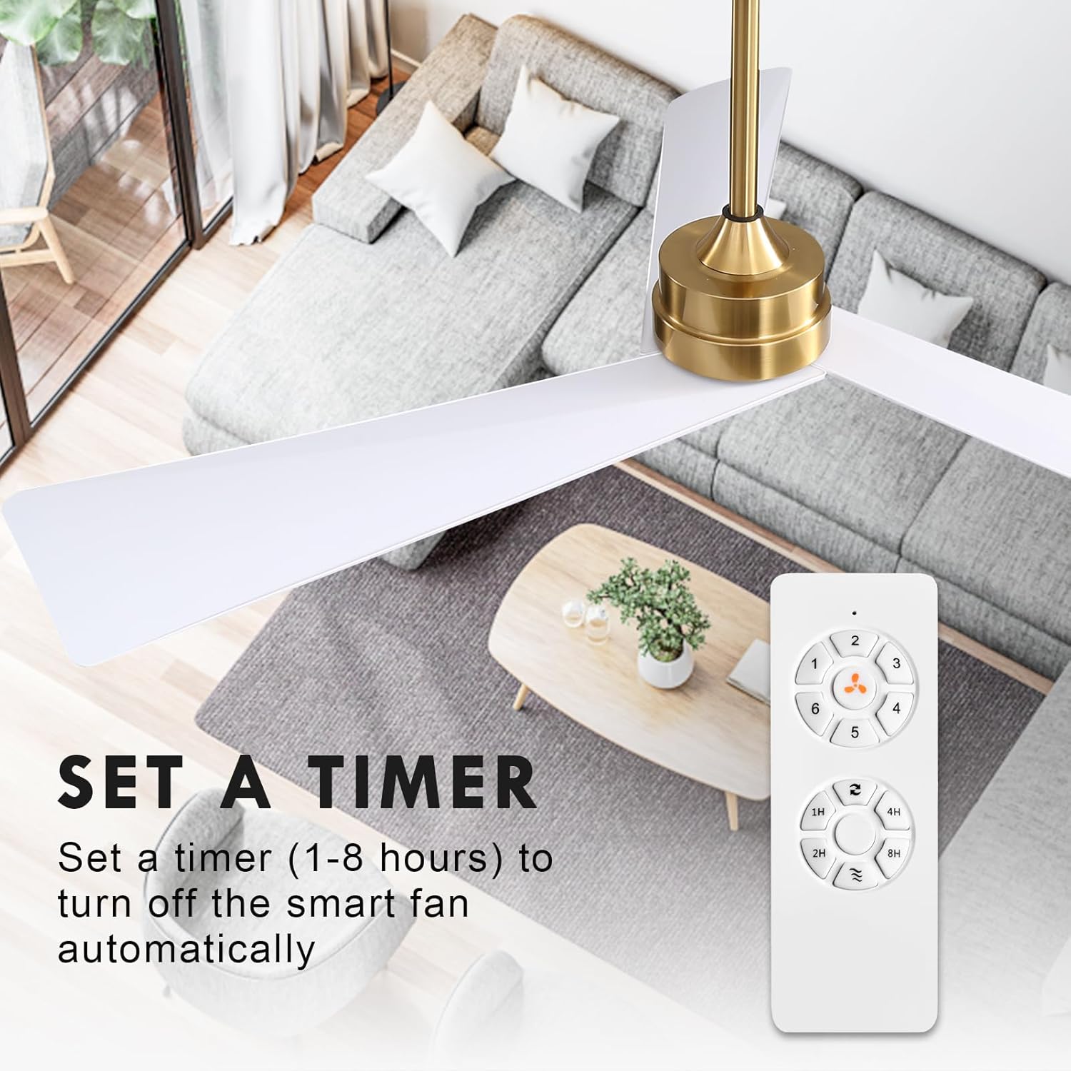 WINGBO 52" DC Ceiling Fan without Lights, Brass and White Ceiling Fan with Remote, 3 ABS Plastic Blades, 6 Speed Reversible DC Motor, Ceiling Fans No Light for Kitchen Bedroom Living Room