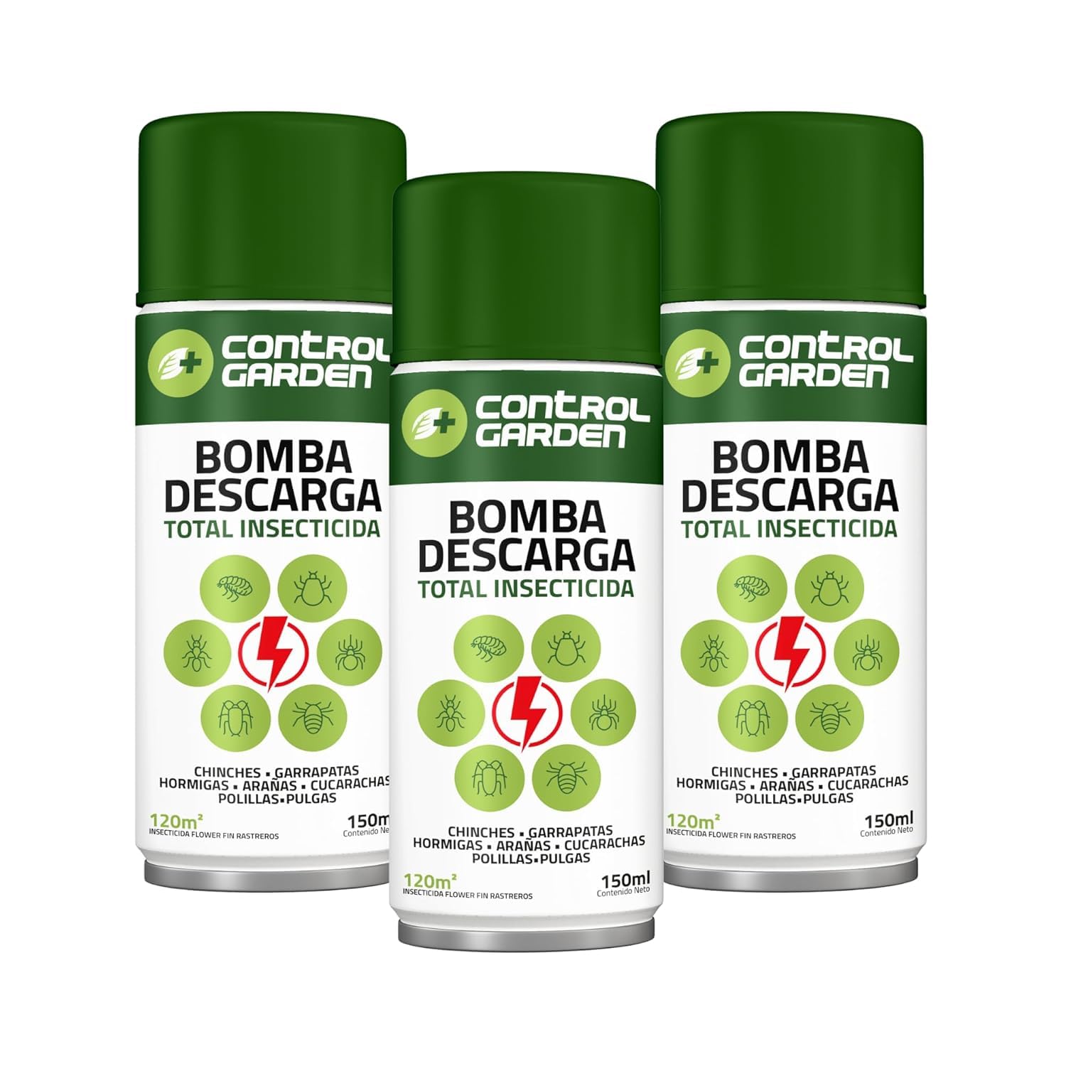 CONTROL GARDEN Pack 3 Insecticida Descarga Total 150 ML Interior y Exterior | Repelente Anti Insectos: Chinches, Ácaros, Hormigas, Arañas... | Fungicida Larvicida Ovicida Bomba de Humo Espacios 120 m2