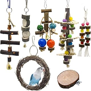 Lot de 7 Jouets pour Oiseau pour Perroquet, Oiseaux Jouet à Mâcher Balançoires Jouets Suspendus à Jouet Pont Échelles, Jouet Suspendu Cloches pour perroquets, perruches, Oiseaux inséparables