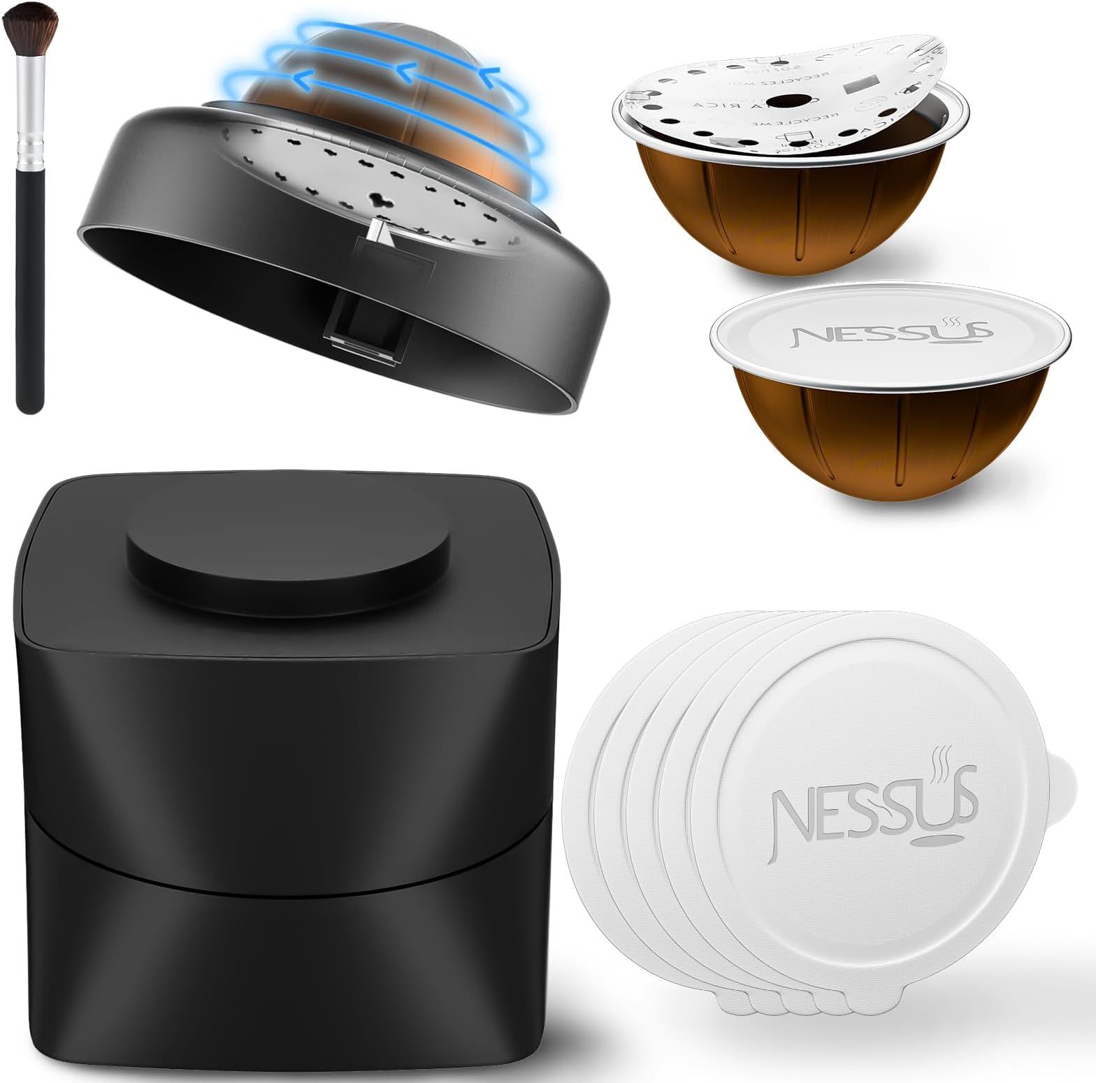 Reusable Vertuo Pods Refill Kit, Lid Easy-Remover for Original Seal, 100PCS Aluminum Foil Lids for Nespresso Vertuo Pods, Tamp & Press Refillable Vertuo Capsules Holder and Brush